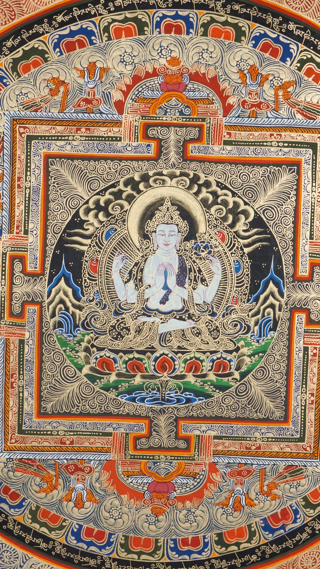 A beautifully hand-painted artwork of Round Mandala with Chengresi figure at the heart symbolizing of supreme wisdom and insight.