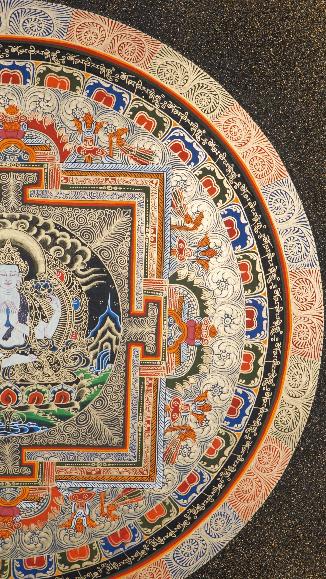 A beautifully hand-painted artwork of Round Mandala with Chengresi figure at the heart symbolizing of supreme wisdom and insight.