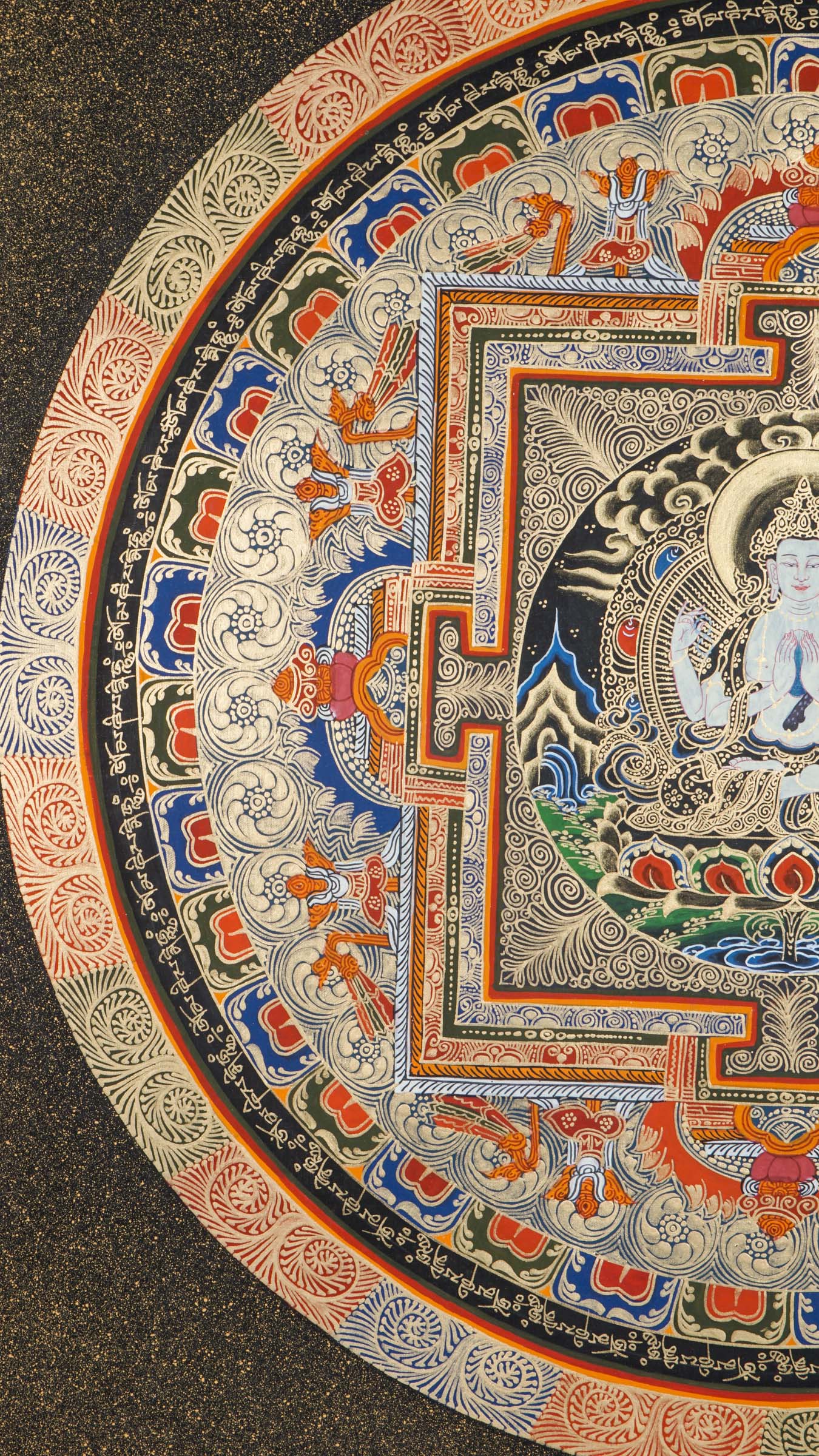A beautifully hand-painted artwork of Round Mandala with Chengresi figure at the heart symbolizing of supreme wisdom and insight.
