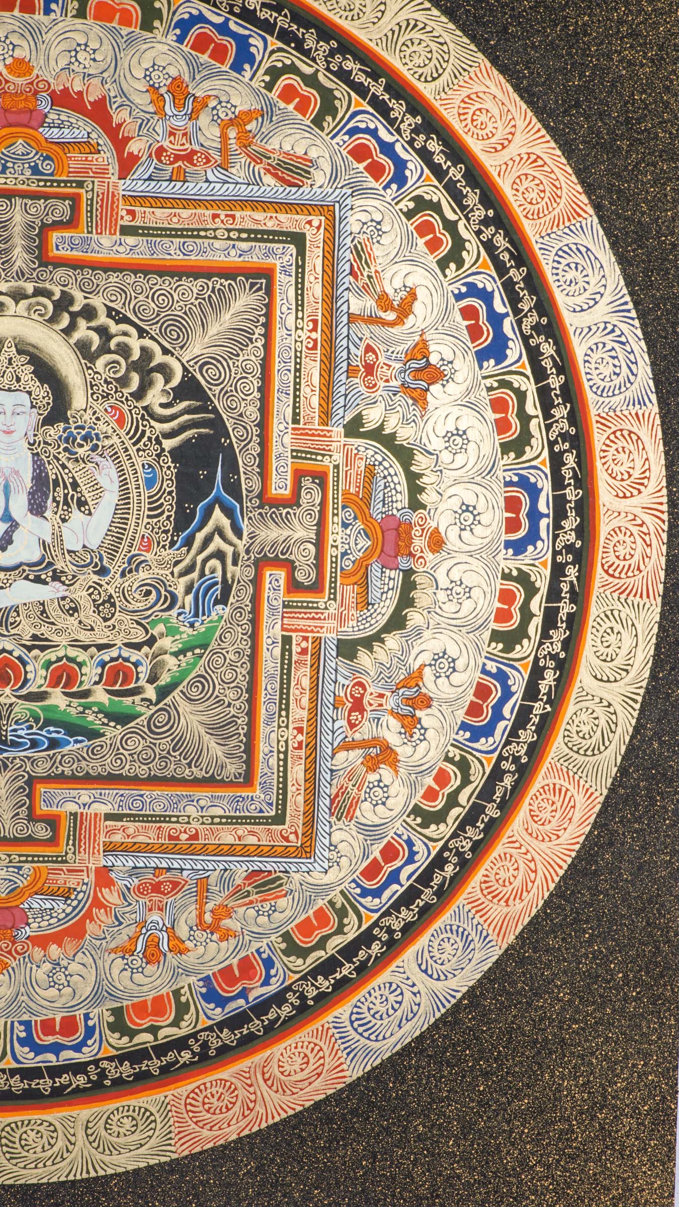 A beautifully hand-painted artwork of Round Mandala with Chengresi figure at the heart symbolizing of supreme wisdom and insight.