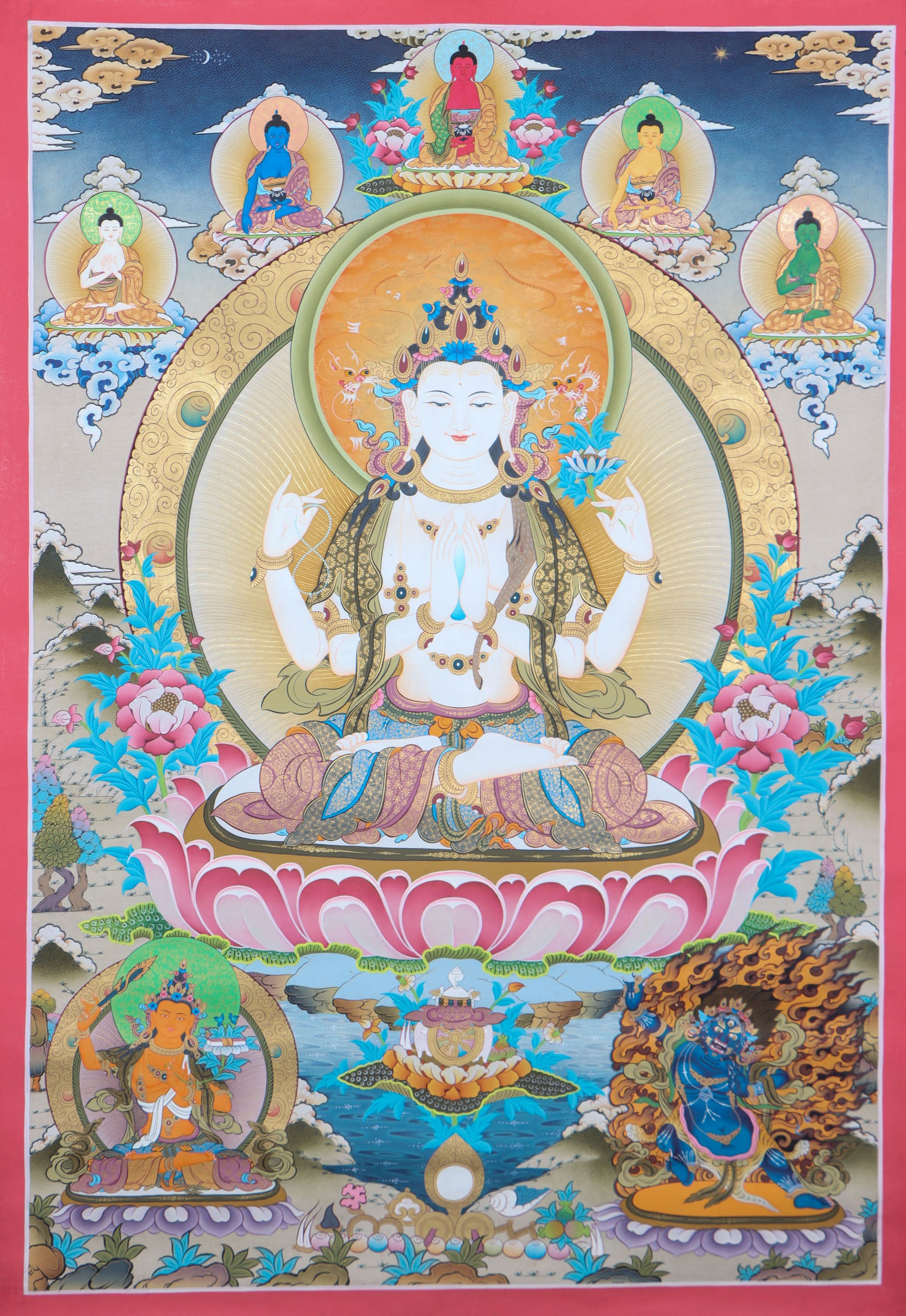 Chengresi, or Avalokiteshvara, symbolizes boundless compassion in Tibetan Buddhism. This handcrafted Thangka radiates his peaceful energy, making it perfect for meditation, devotion, or sacred décor.