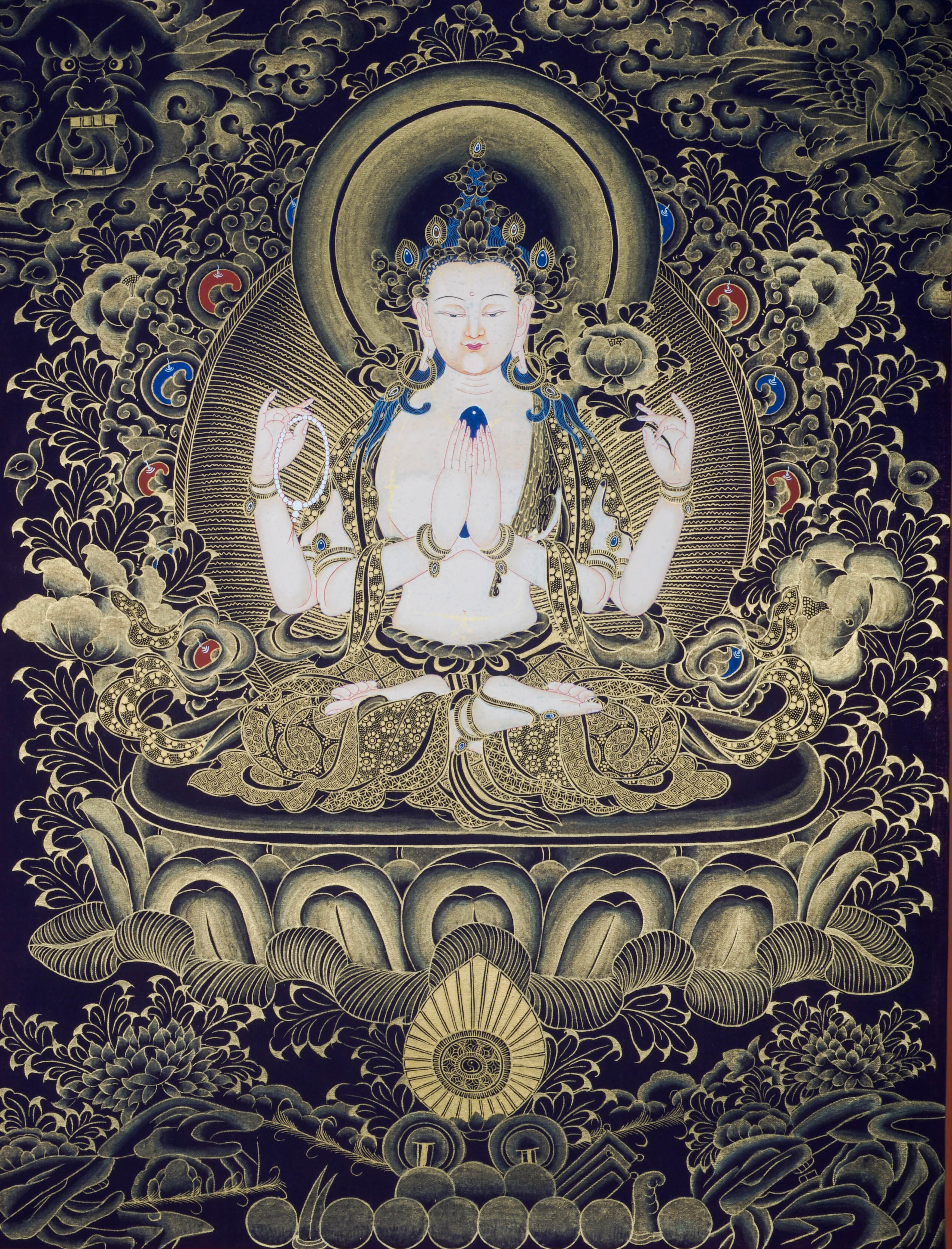 The Chengresi Thangka Painting portrays Chenrezig, the Bodhisattva of Compassion in Tibetan Buddhism, symbolizing love, healing, and kindness through sacred detail and traditional artistry.