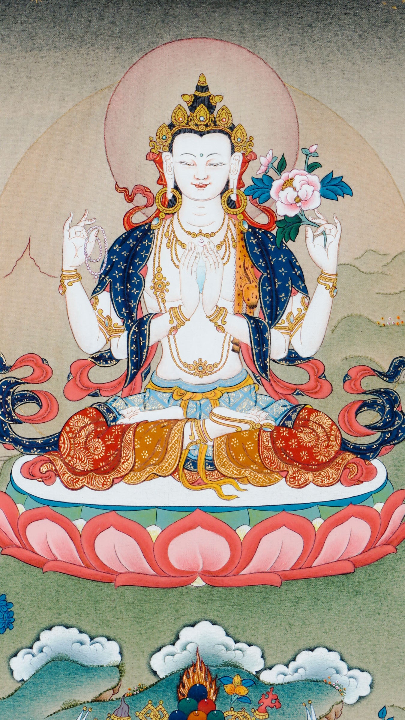 Tibetan thangka painting of Chenrezig seated on a lotus throne with four arms holding a crystal jewel, a mala, and a lotus flower, hand painted in Kathmandu, Nepal with natural pigments.
