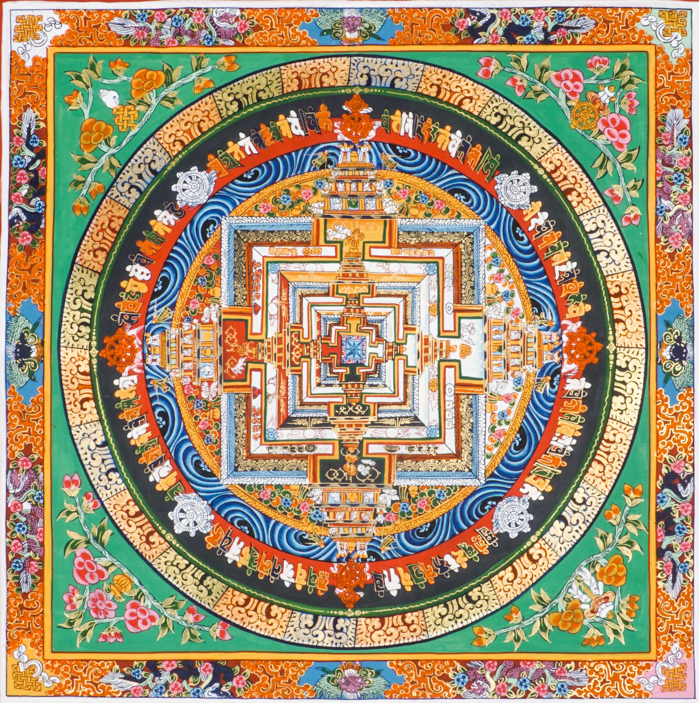 Tibetan Buddhist Thangka painting of the Kalachakra Mandala, showing the geometric representation of Buddhist cosmology. Hand-painted with mineral pigments on cotton canvas according to traditional methods. Used for meditation practice and tantric study in Vajrayana Buddhism.