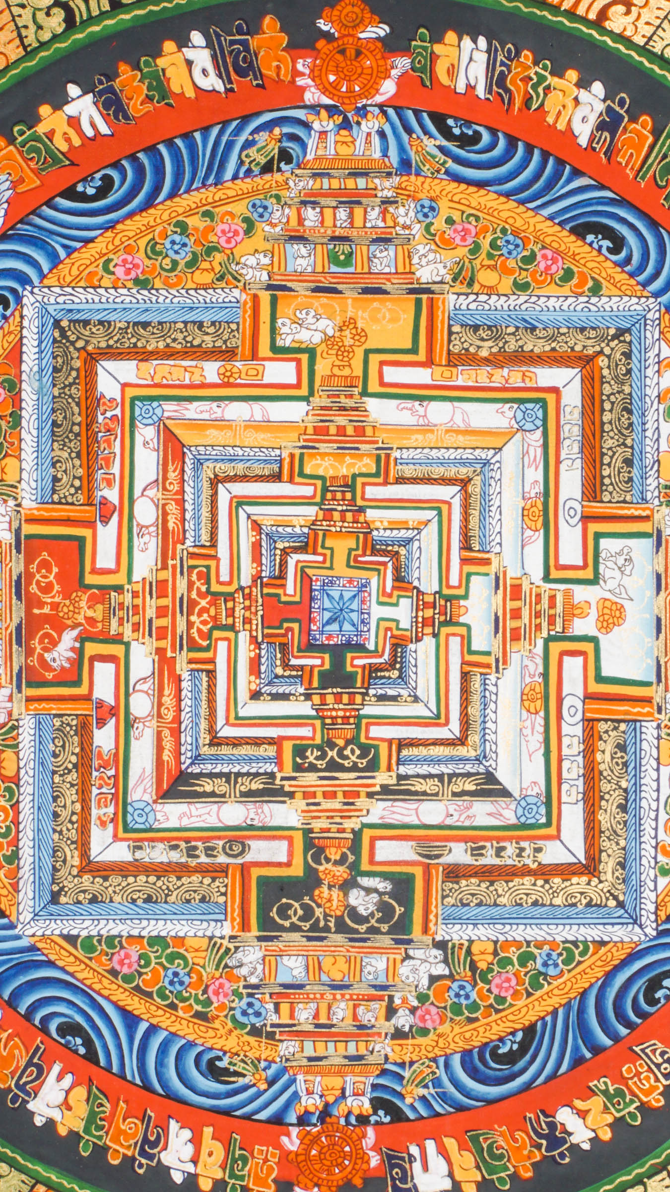 Tibetan Buddhist Thangka painting of the Kalachakra Mandala, showing the geometric representation of Buddhist cosmology. Hand-painted with mineral pigments on cotton canvas according to traditional methods. Used for meditation practice and tantric study in Vajrayana Buddhism.