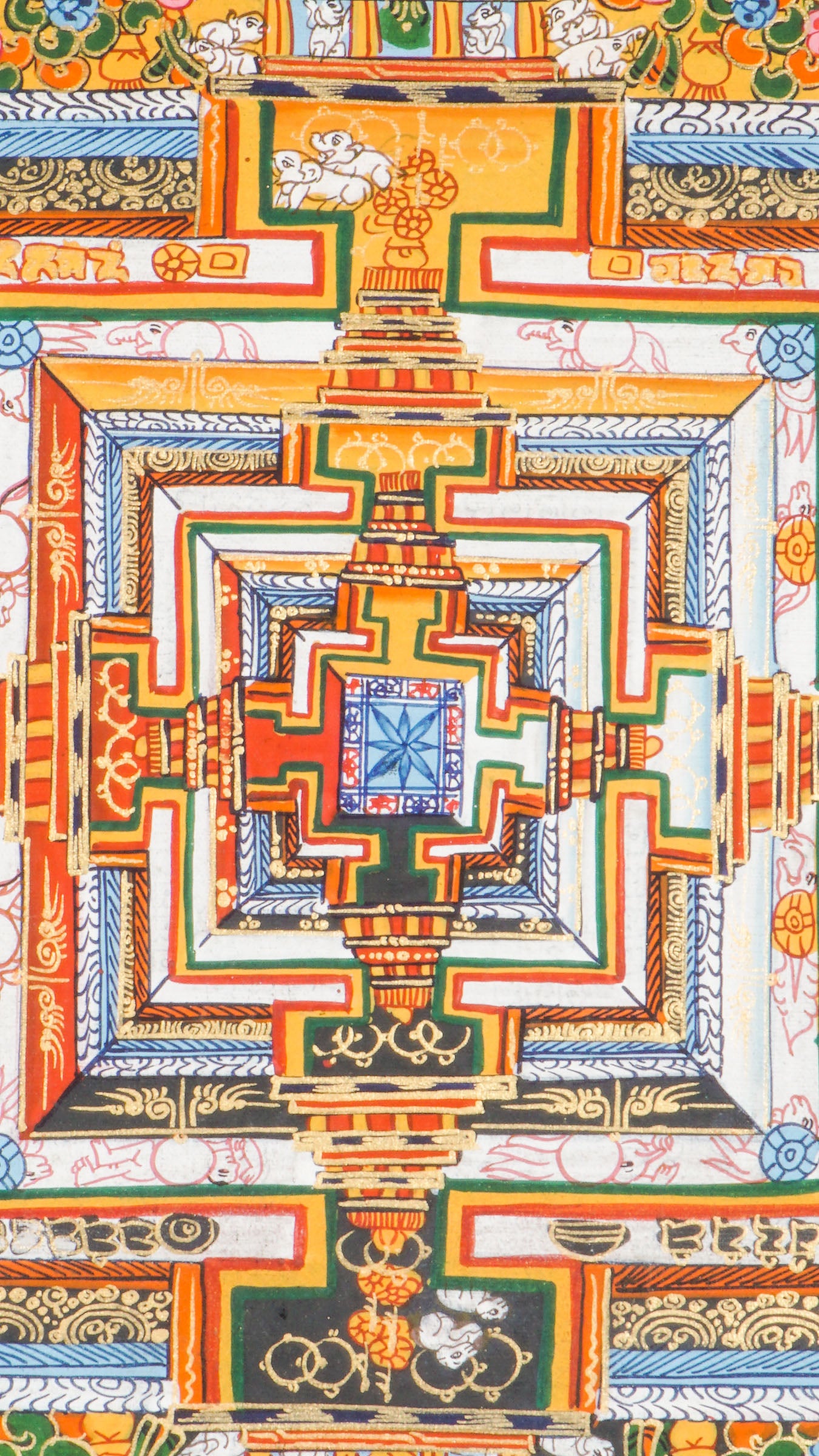Tibetan Buddhist Thangka painting of the Kalachakra Mandala, showing the geometric representation of Buddhist cosmology. Hand-painted with mineral pigments on cotton canvas according to traditional methods. Used for meditation practice and tantric study in Vajrayana Buddhism.