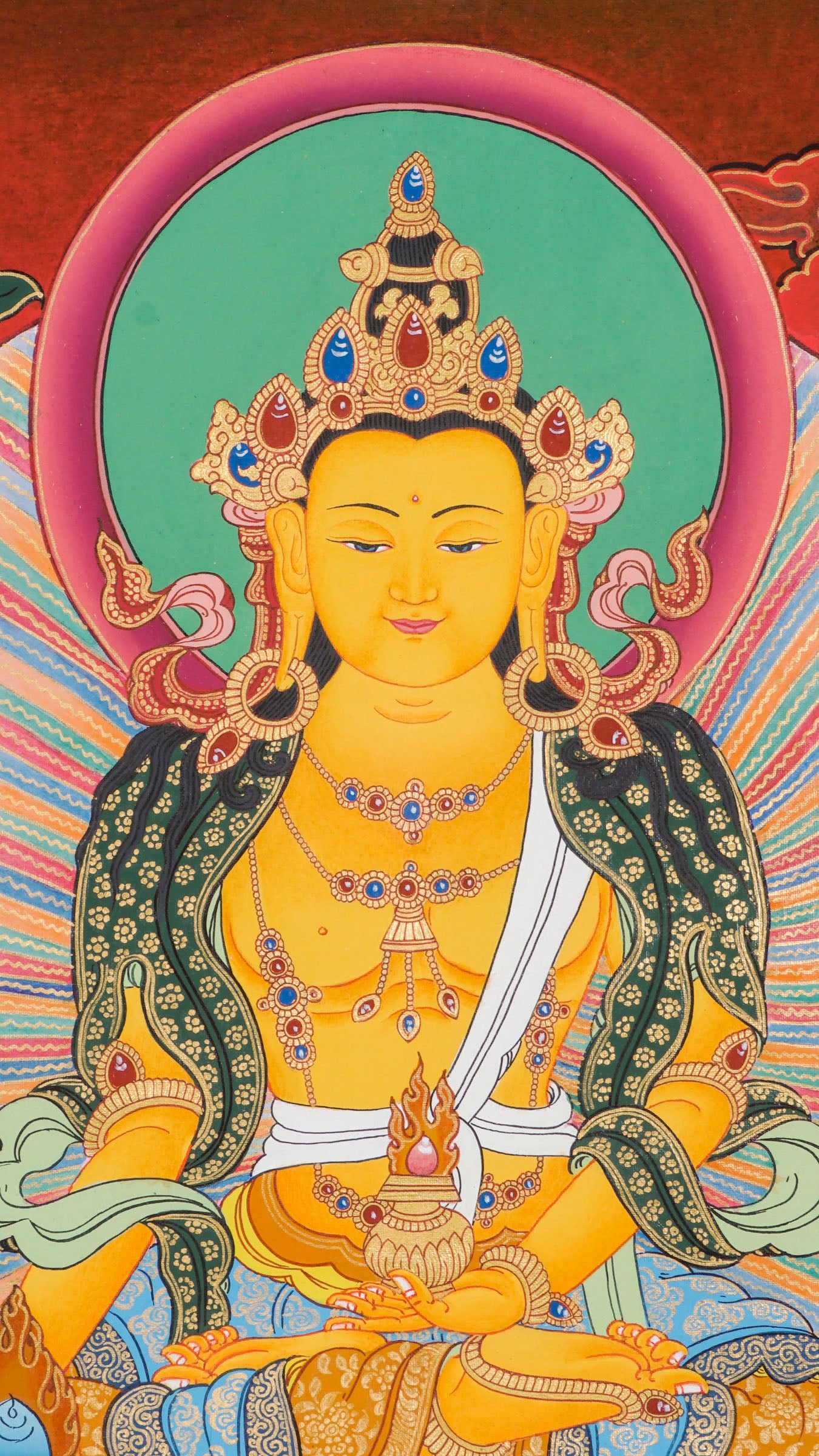 Ksitigarbha Bodhisattva Thangka – Red Background, Hand-Painted Tibetan Art