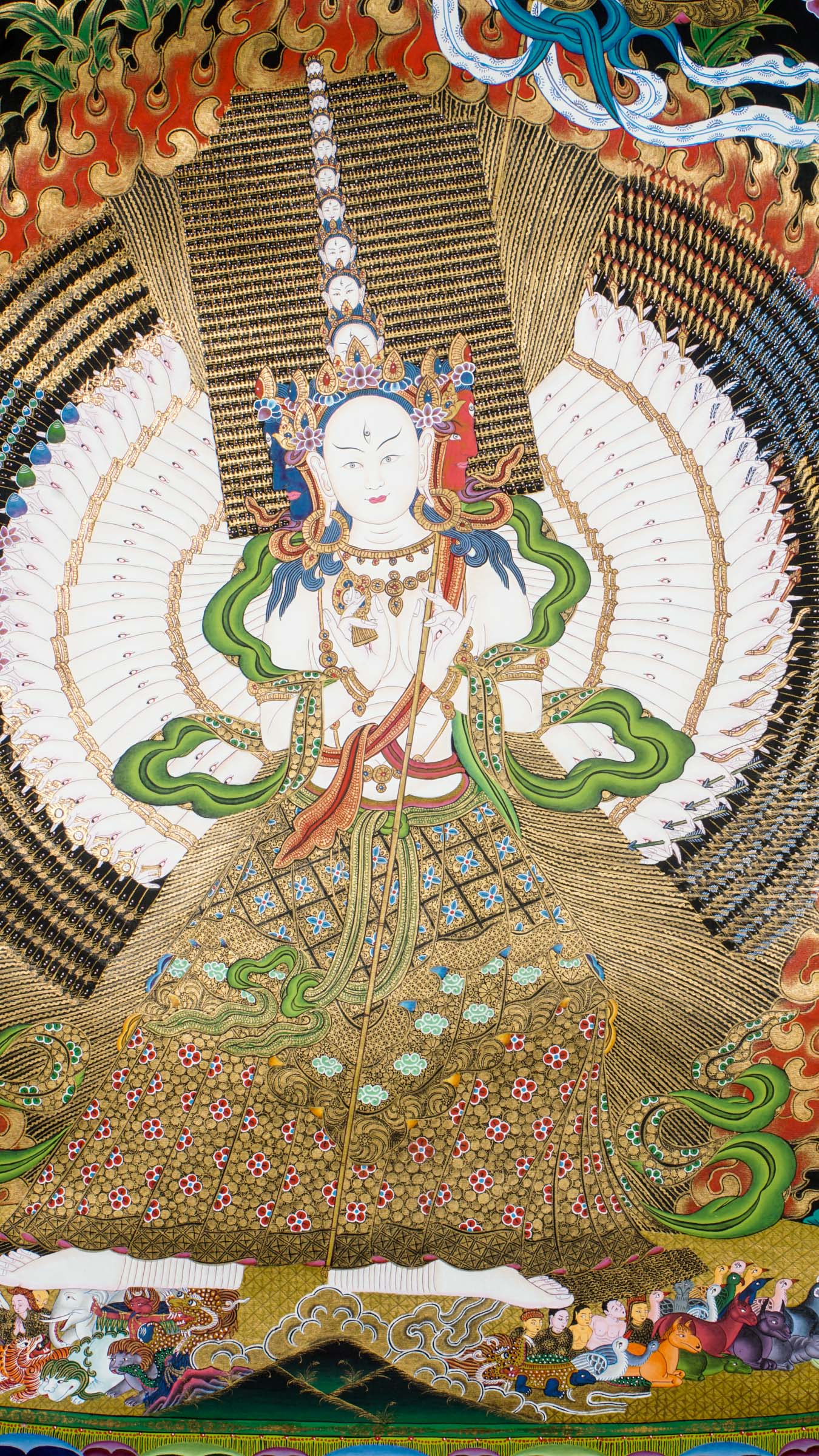 Dhukkar thangka - a sacred art with thousand heads, arms, and legs, each palm bearing an eye that represents all-encompassing wisdom and spiritual insight.