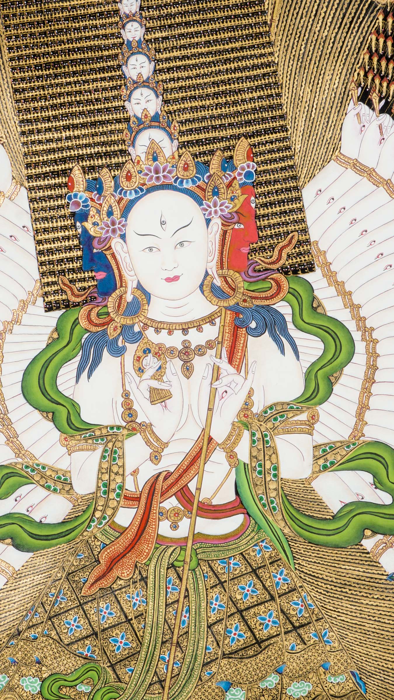 Dhukkar thangka - a sacred art with thousand heads, arms, and legs, each palm bearing an eye that represents all-encompassing wisdom and spiritual insight.