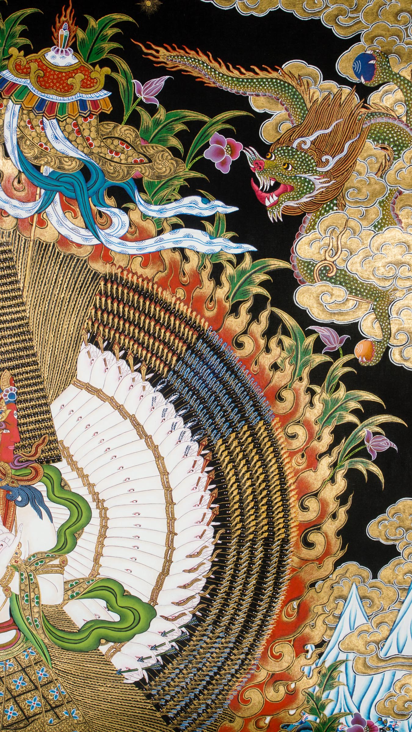 Dhukkar thangka - a sacred art with thousand heads, arms, and legs, each palm bearing an eye that represents all-encompassing wisdom and spiritual insight.