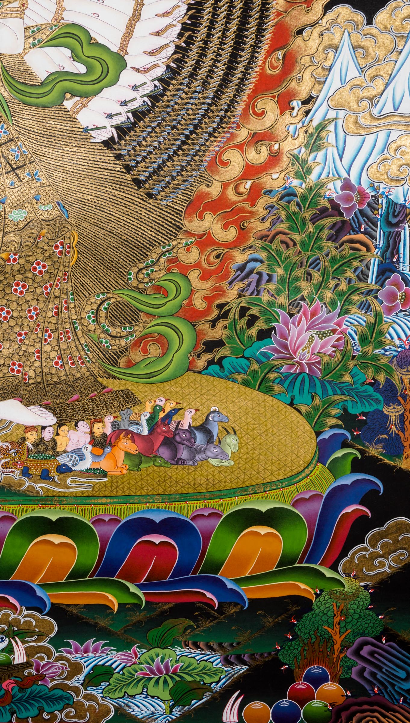 Dhukkar thangka - a sacred art with thousand heads, arms, and legs, each palm bearing an eye that represents all-encompassing wisdom and spiritual insight.