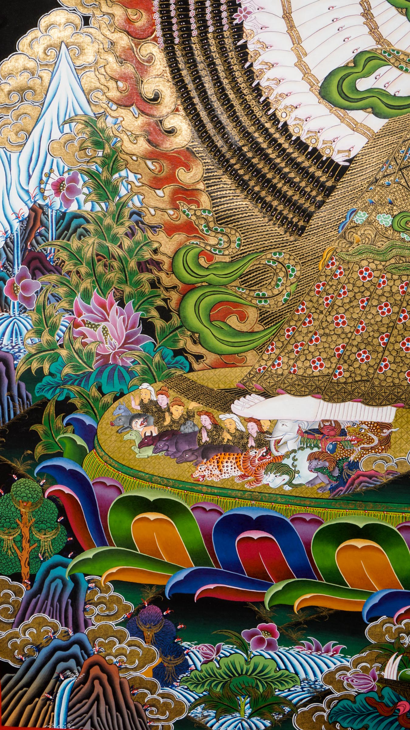 Dhukkar thangka - a sacred art with thousand heads, arms, and legs, each palm bearing an eye that represents all-encompassing wisdom and spiritual insight.
