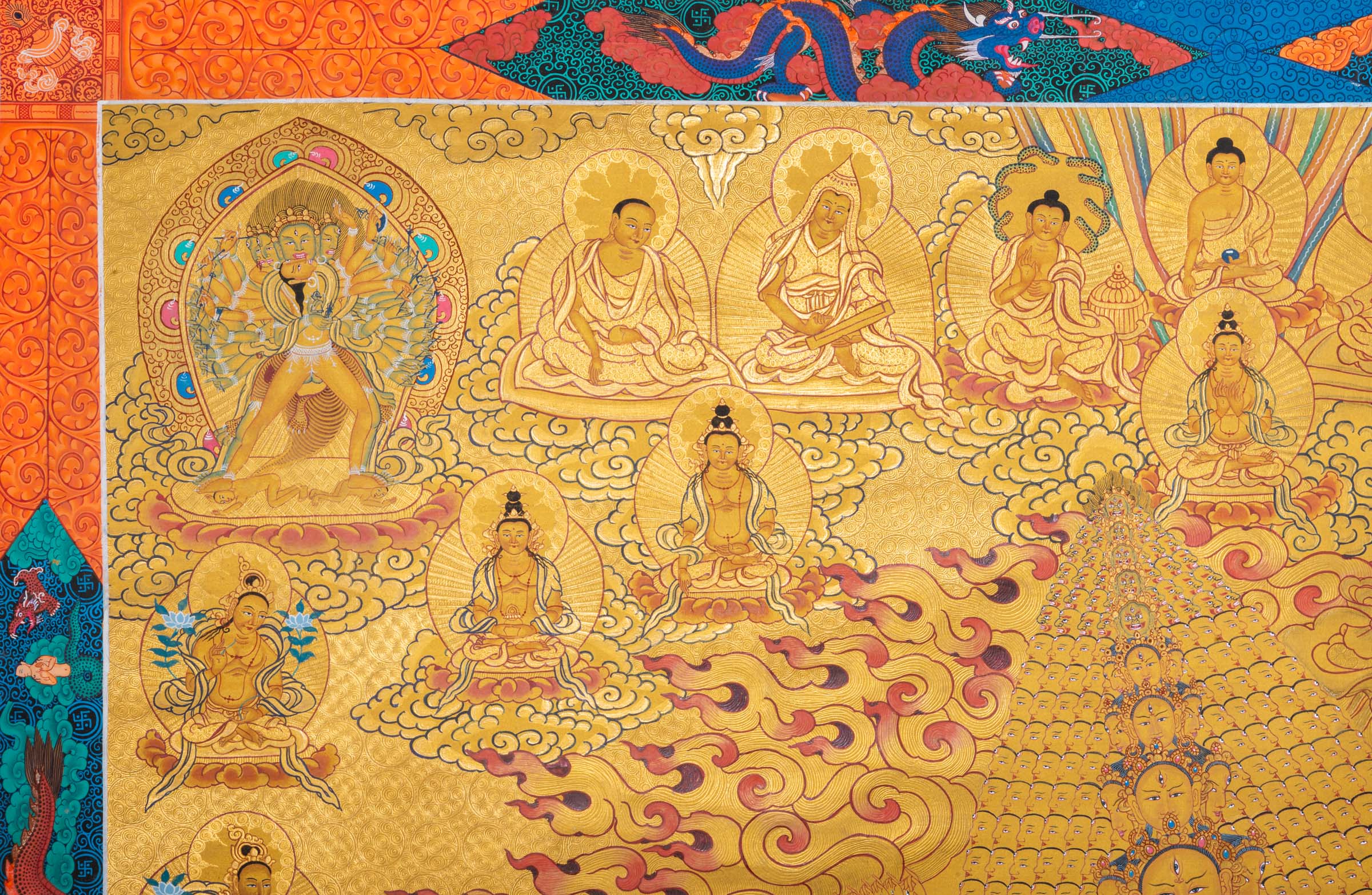 Dhukkar Thangka - meticulously hand-painted art. Full gold painted Dhukkar Thangka