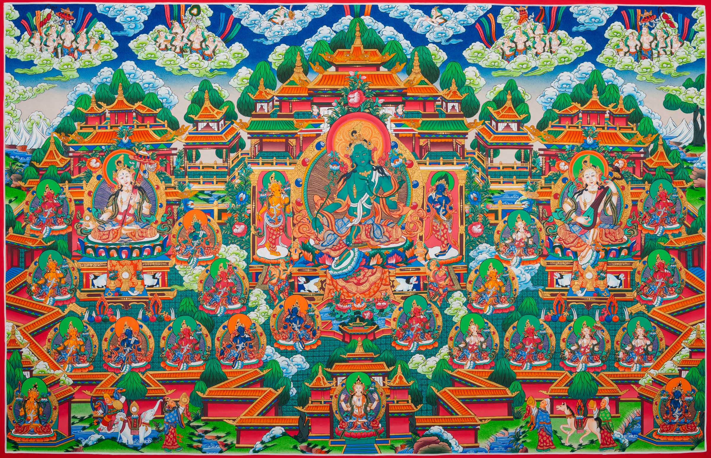 Exclusive Green Tara Thangka with Saraswati and Dukkar on either side, surrounded by mini deities in traditional Tibetan Buddhist art style.