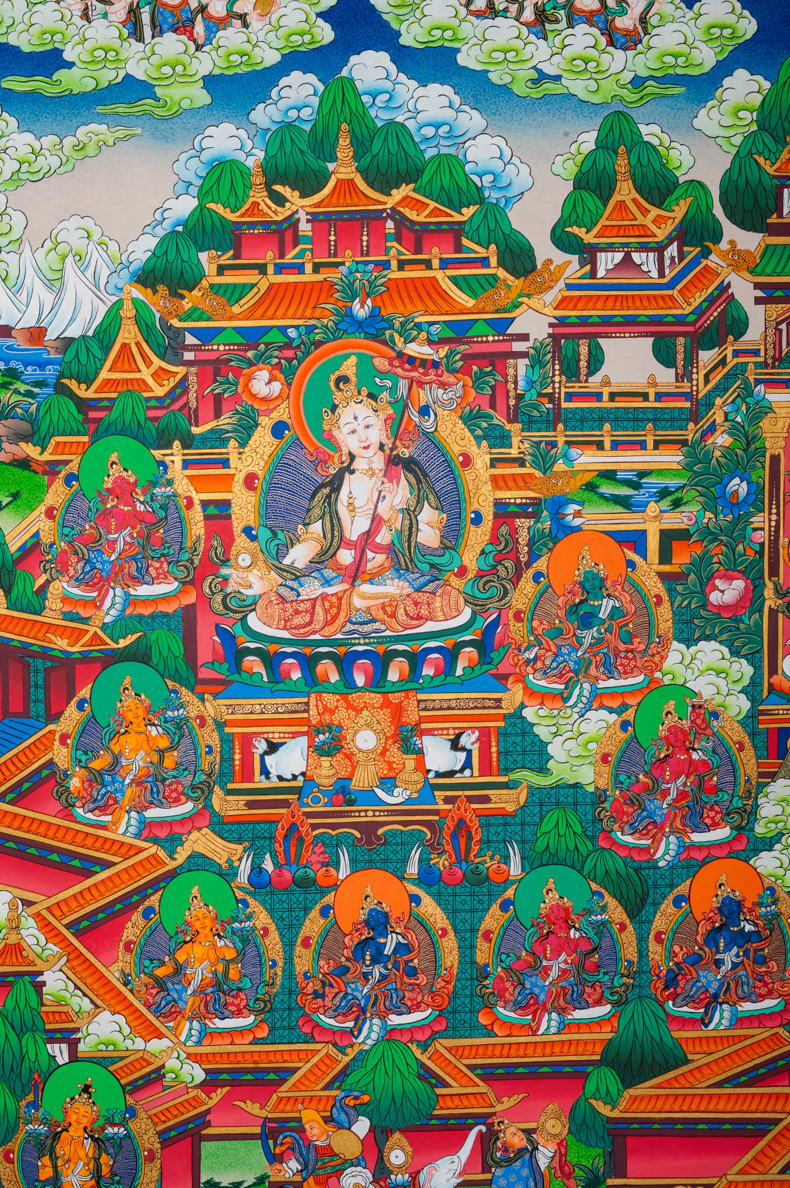 Exclusive Green Tara Thangka with Saraswati and Dukkar on either side, surrounded by mini deities in traditional Tibetan Buddhist art style.
