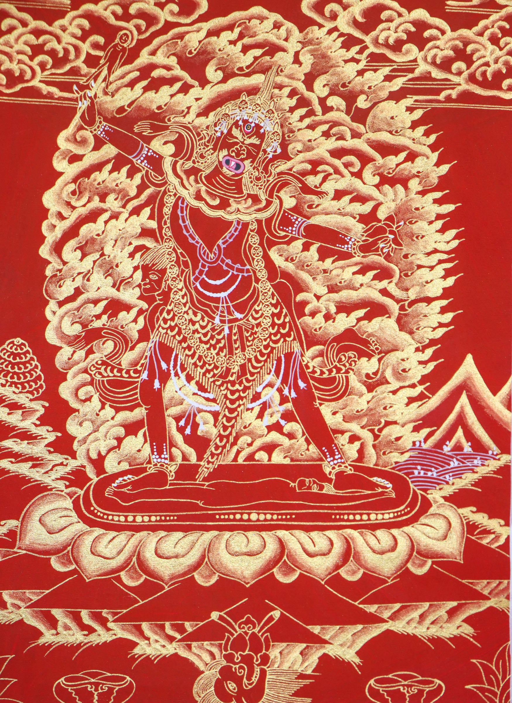 This genuine Tibetan Thangka of Ekajati is a powerful Buddhist artwork symbolizing protection and the removal of spiritual obstacles. Hand-painted with natural mineral pigments, it reflects the fierce wisdom of Ekajati in traditional Tibetan Buddhism.