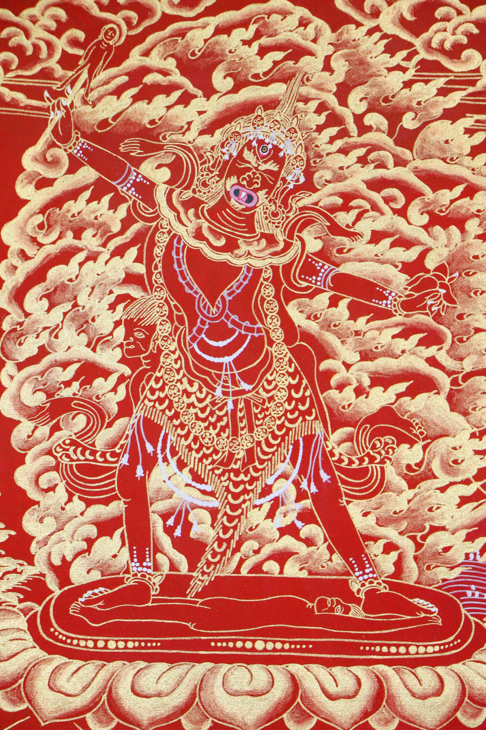 This genuine Tibetan Thangka of Ekajati is a powerful Buddhist artwork symbolizing protection and the removal of spiritual obstacles. Hand-painted with natural mineral pigments, it reflects the fierce wisdom of Ekajati in traditional Tibetan Buddhism.