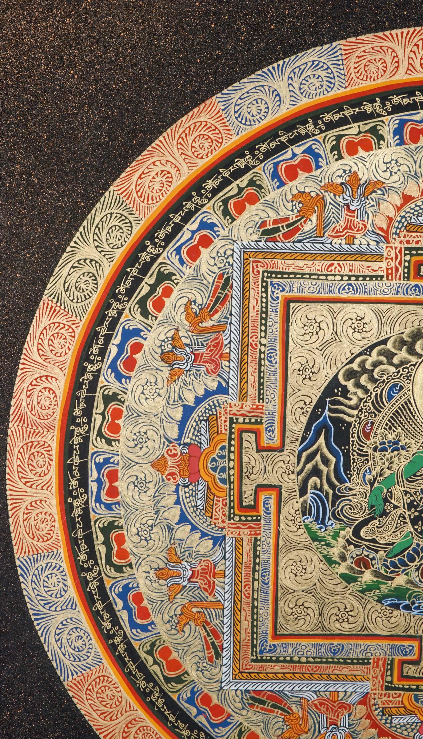 A circular mandala showcasing Green Tara at the center, hand painted in Nepal by skilled artisans.
