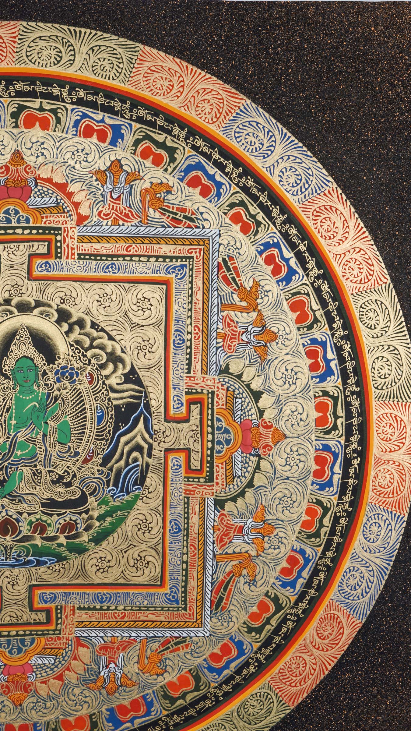 A circular mandala showcasing Green Tara at the center, hand painted in Nepal by skilled artisans.