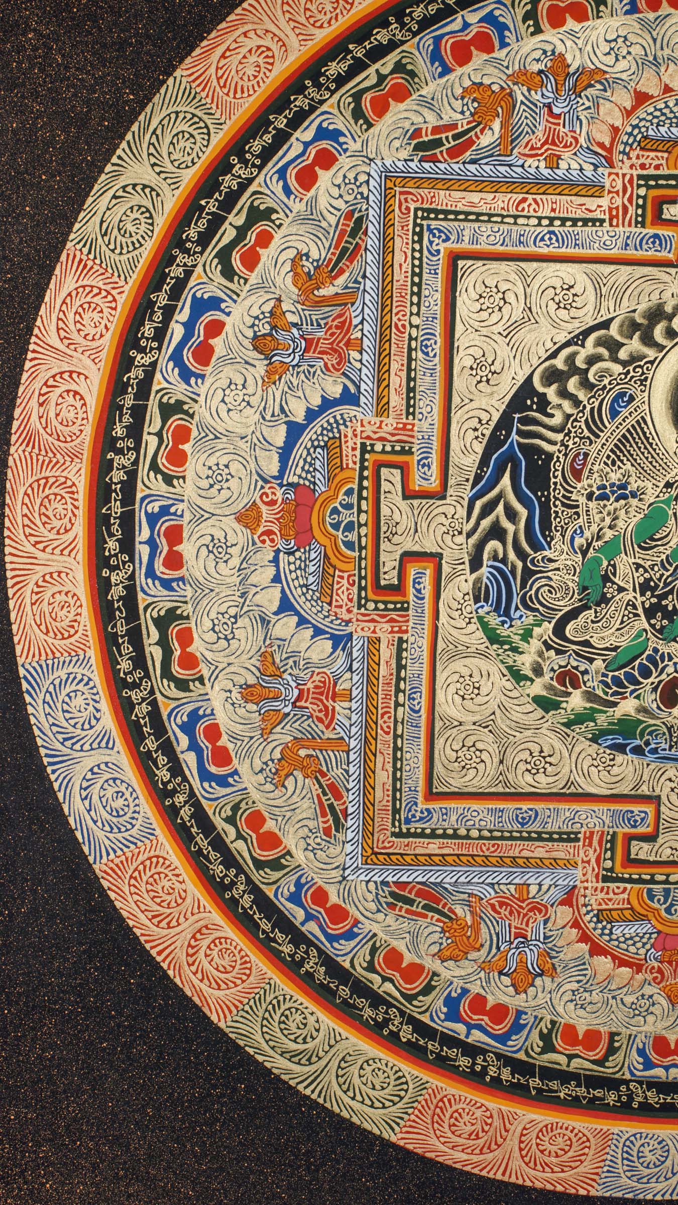 A circular mandala showcasing Green Tara at the center, hand painted in Nepal by skilled artisans.