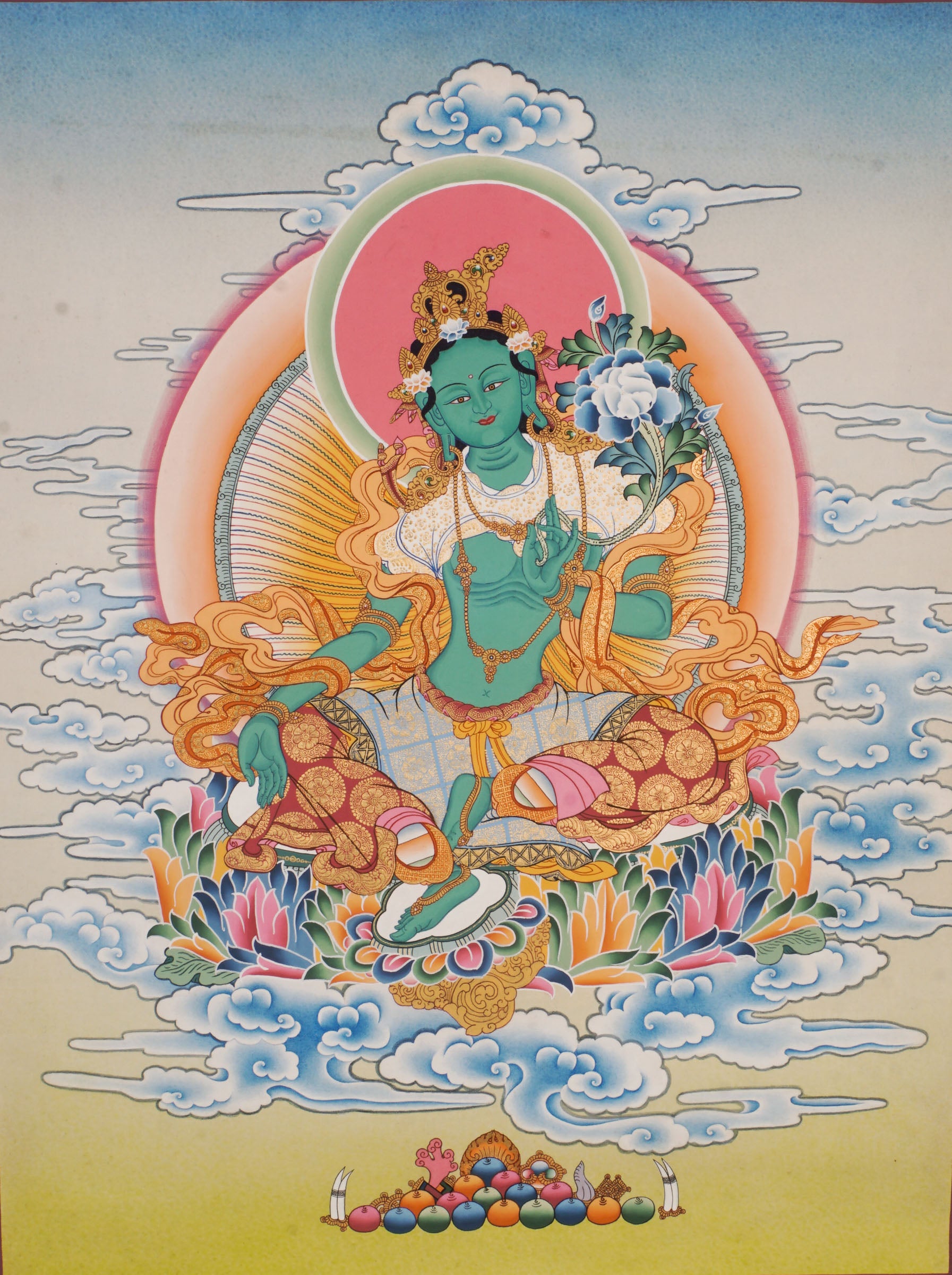 "Mother of all buddha" Green Tara Thangka art, meticulously hand-painted with 24k gold and natural pigments using traditional techniques.