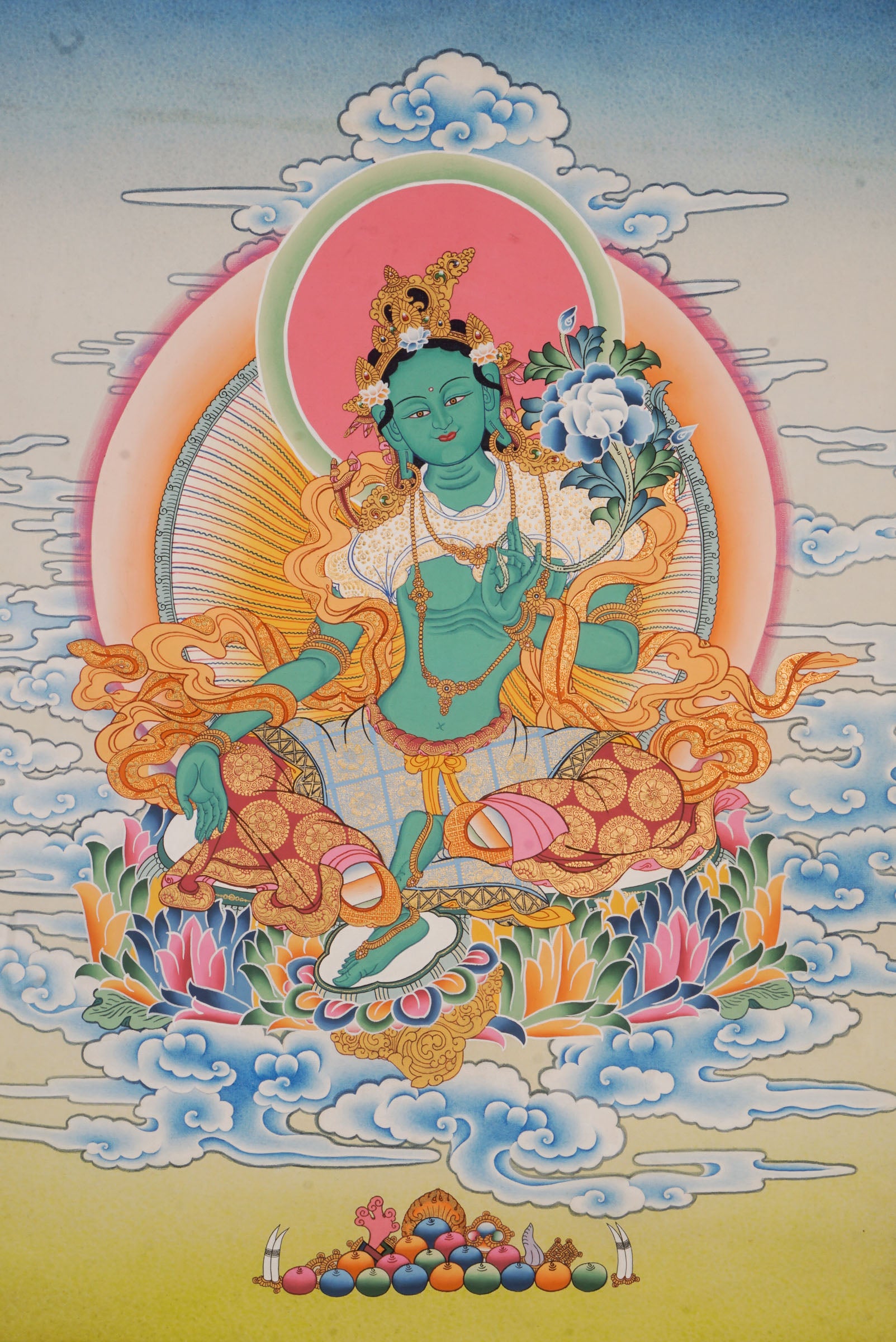 "Mother of all buddha" Green Tara Thangka art, meticulously hand-painted with 24k gold and natural pigments using traditional techniques.