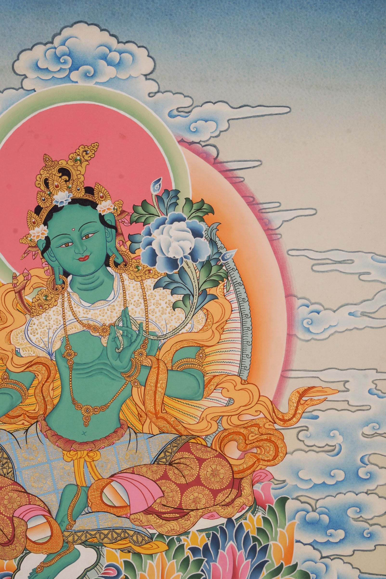 "Mother of all buddha" Green Tara Thangka art, meticulously hand-painted with 24k gold and natural pigments using traditional techniques.