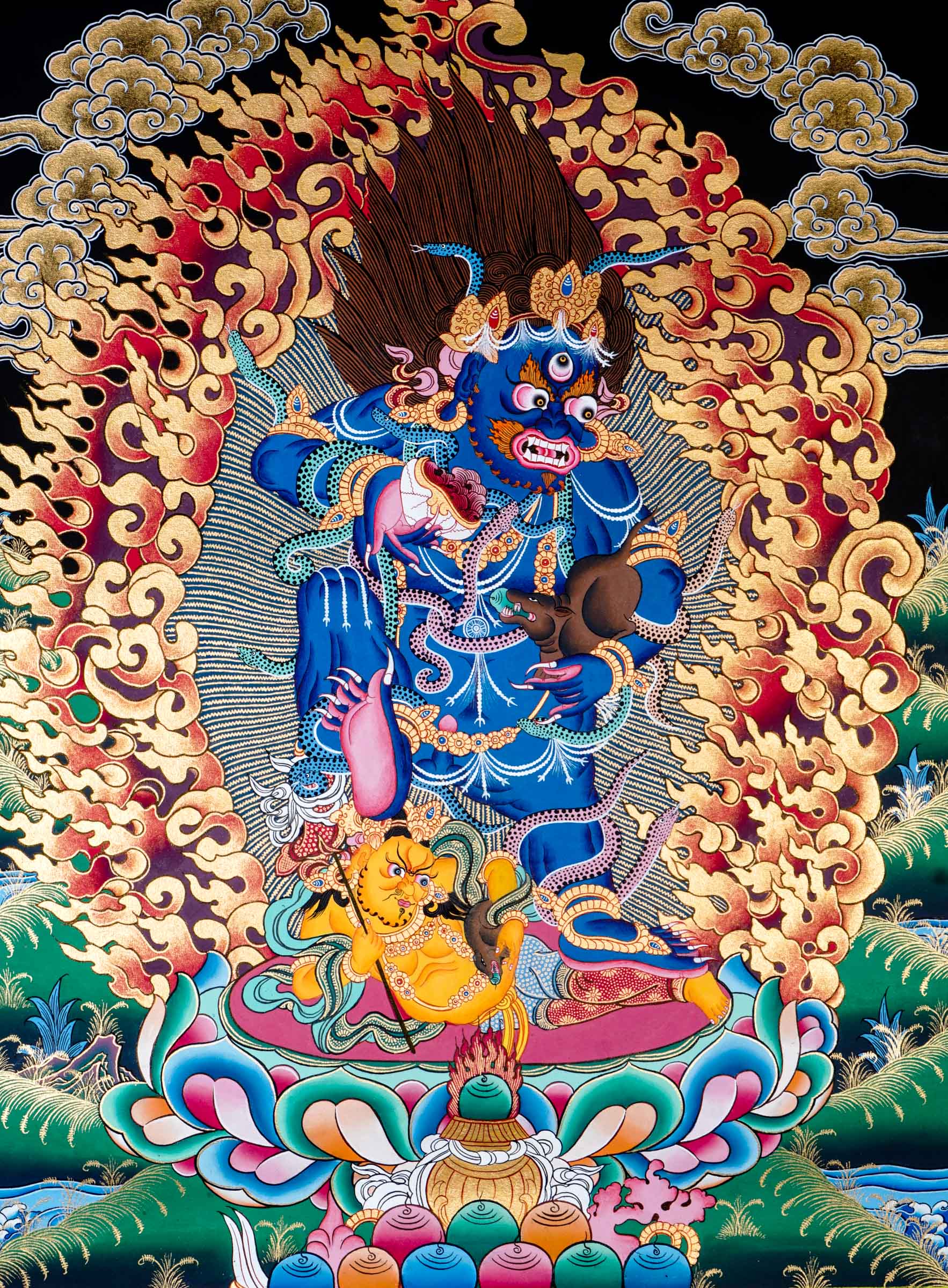 Hand-painted thangka art of fierce deity Black Zambala shown seated in another figure of zambala.