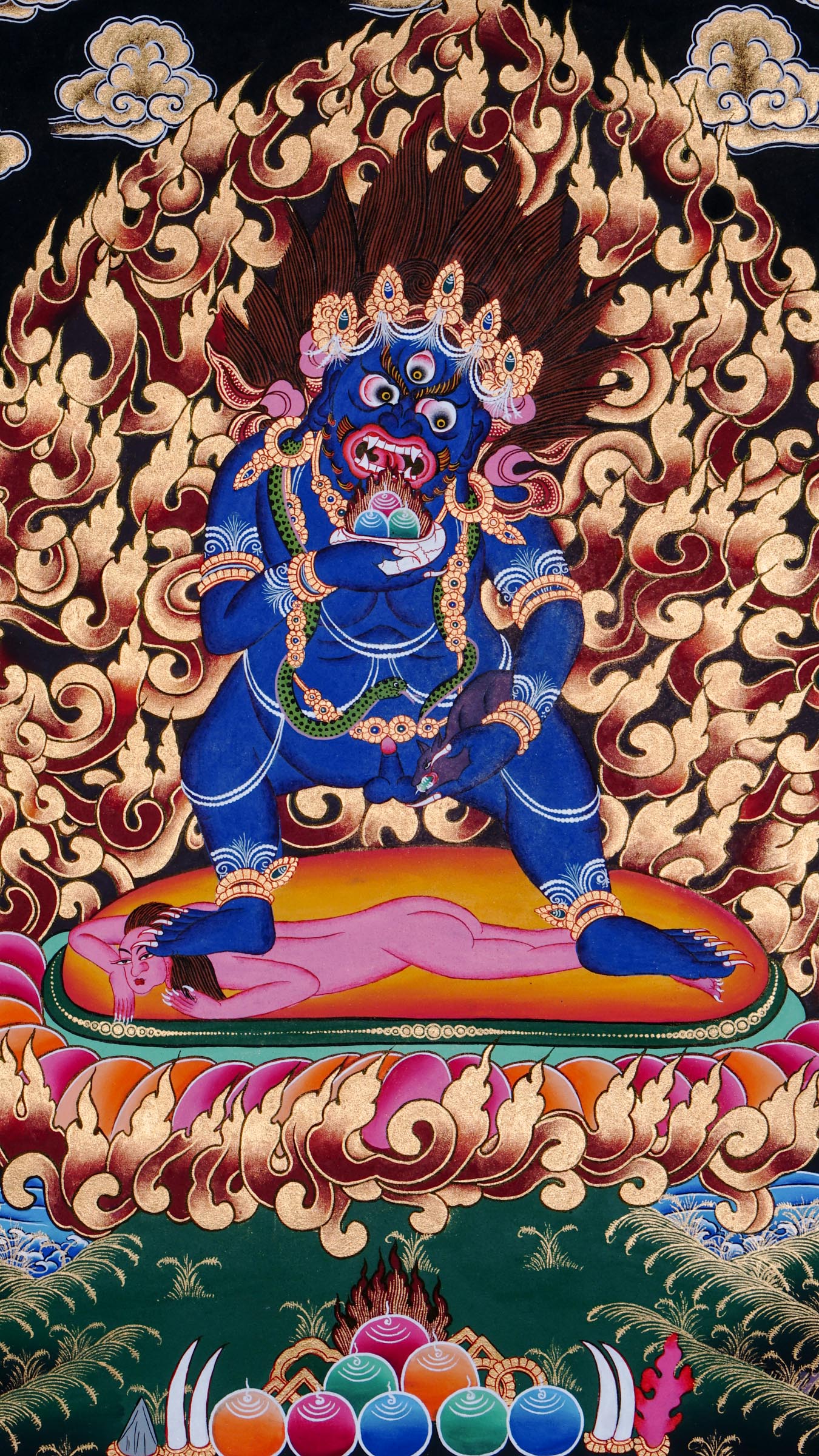 Hand-painted Black Zambala Thangka from Nepal with 24k gold, showing the wrathful wealth deity standing on a lotus with a jewel-spouting mongoose.