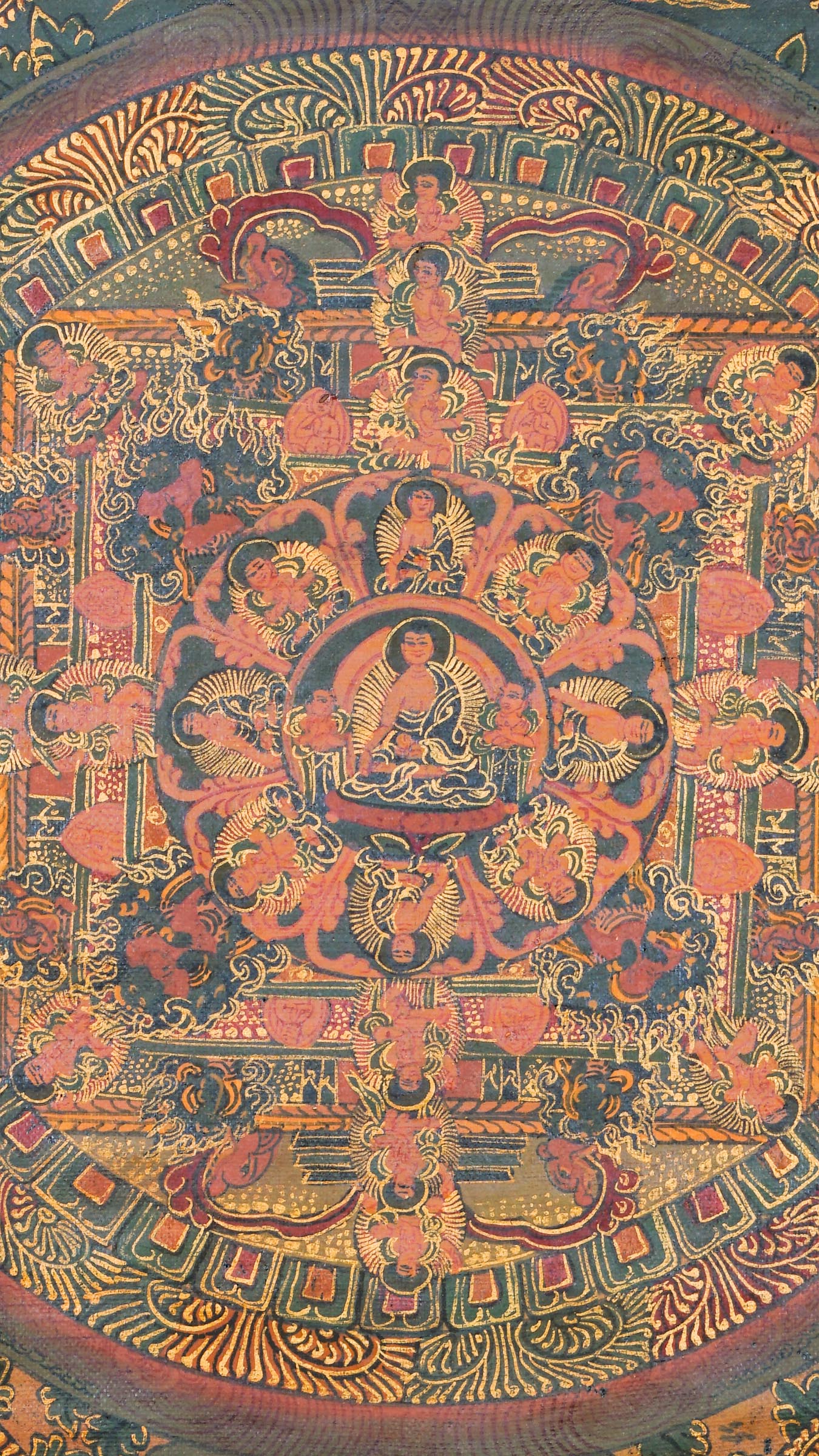 Buddha Mandala Thangka - a sacred hand-painted artwork representing the Five Dhyani Buddhas, or Five Tathagatas.