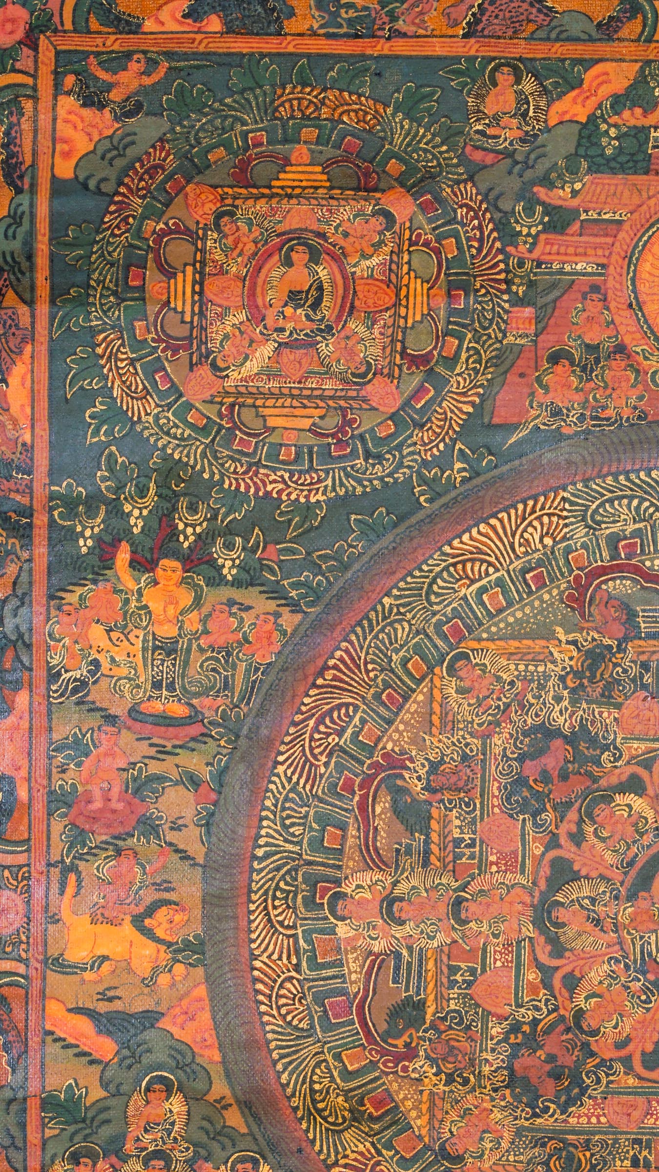 Buddha Mandala Thangka - a sacred hand-painted artwork representing the Five Dhyani Buddhas, or Five Tathagatas.