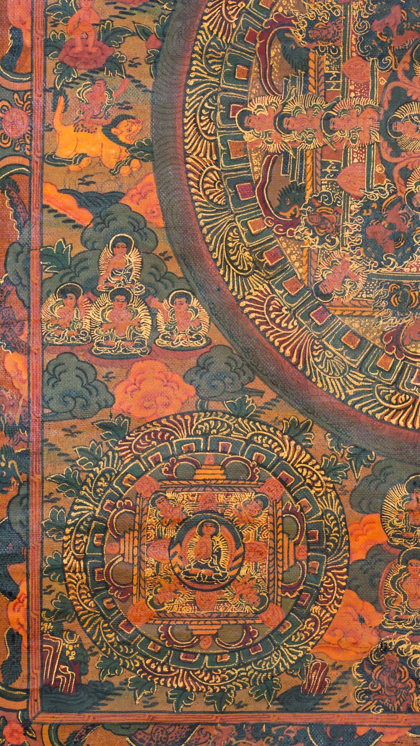 Buddha Mandala Thangka - a sacred hand-painted artwork representing the Five Dhyani Buddhas, or Five Tathagatas.