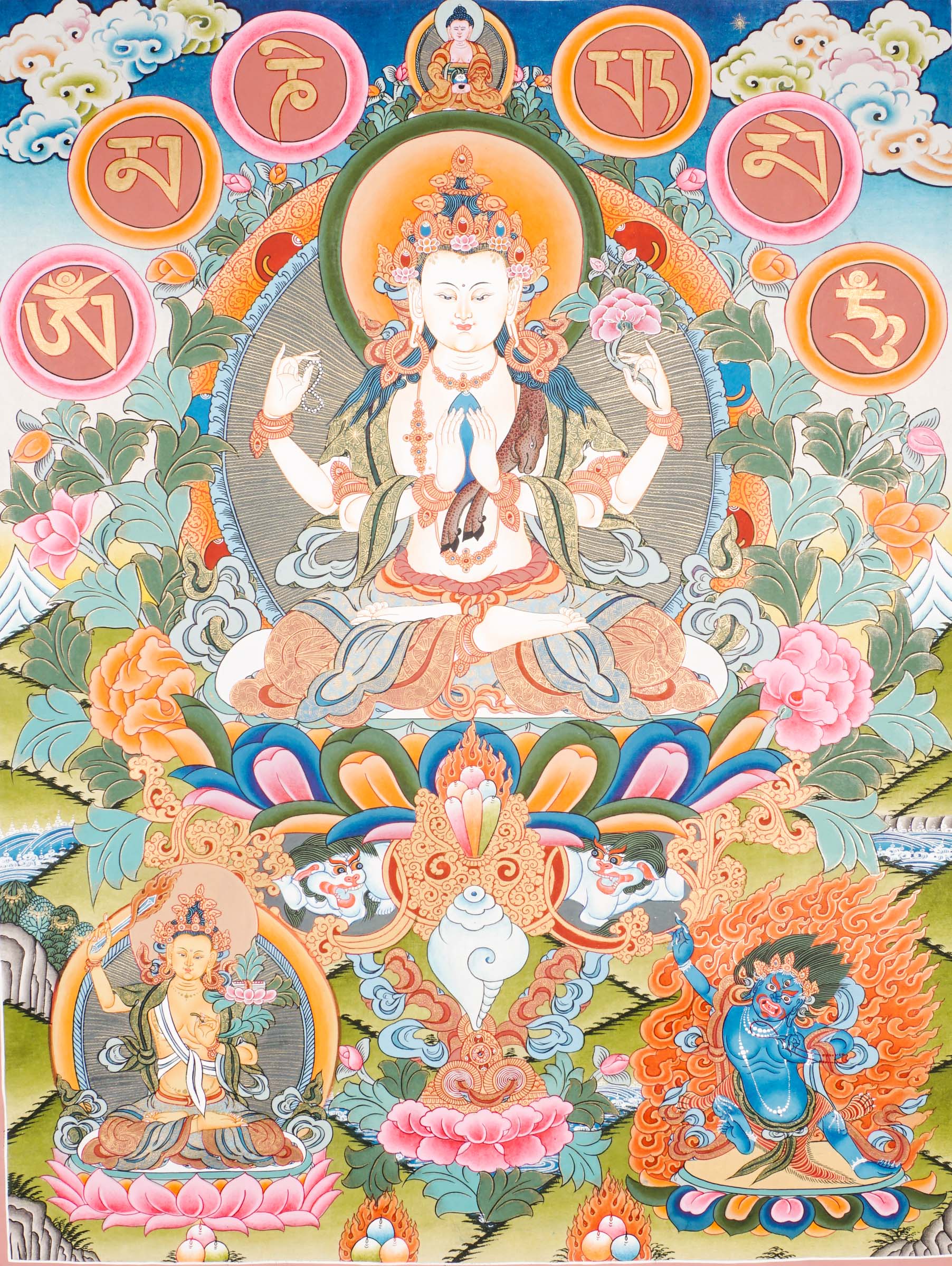 Hand-painted Chengresi Thangka showing the Bodhisattva of Compassion with a sacred mantra circle, crafted with 24k gold and natural pigments.