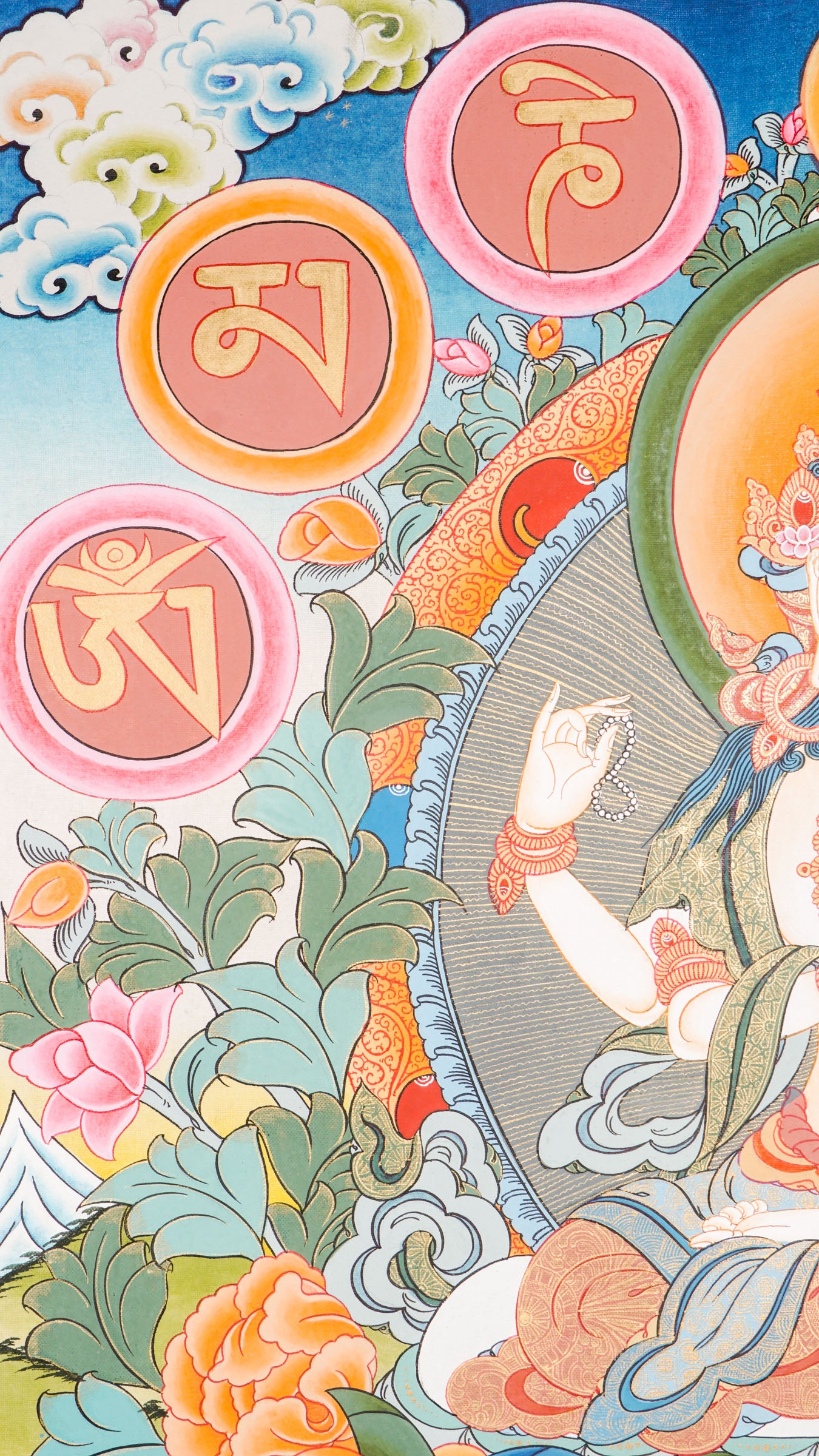 Hand-painted Chengresi Thangka showing the Bodhisattva of Compassion with a sacred mantra circle, crafted with 24k gold and natural pigments.