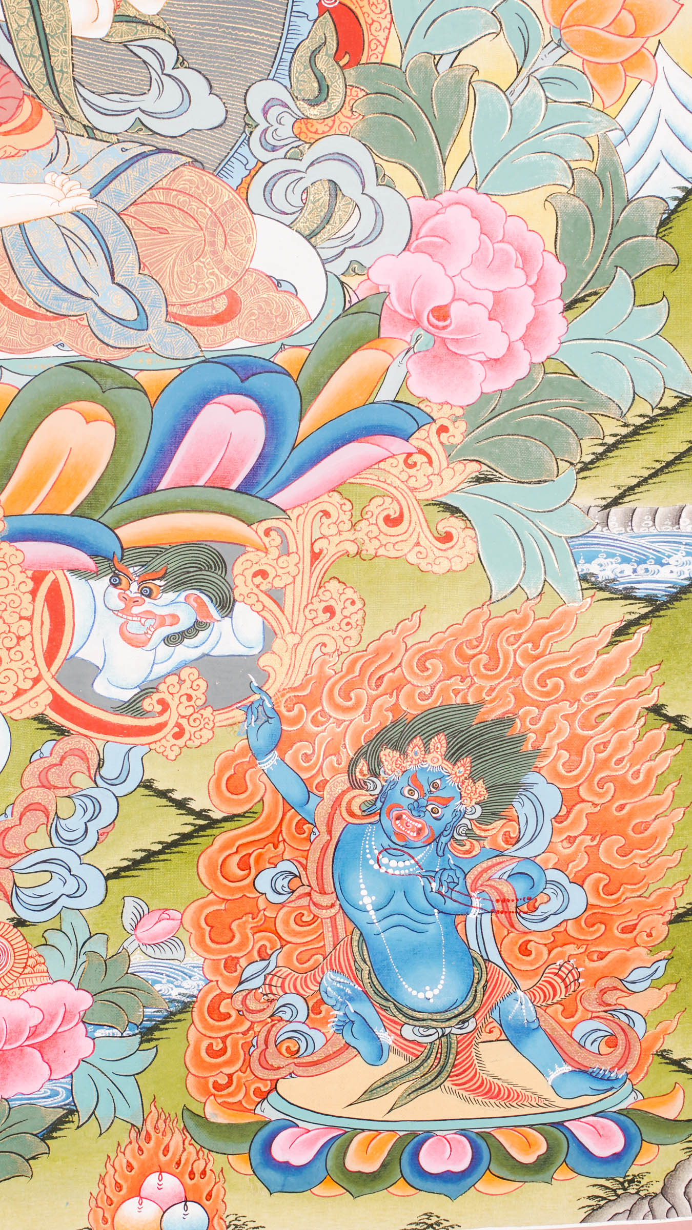 Hand-painted Chengresi Thangka showing the Bodhisattva of Compassion with a sacred mantra circle, crafted with 24k gold and natural pigments.