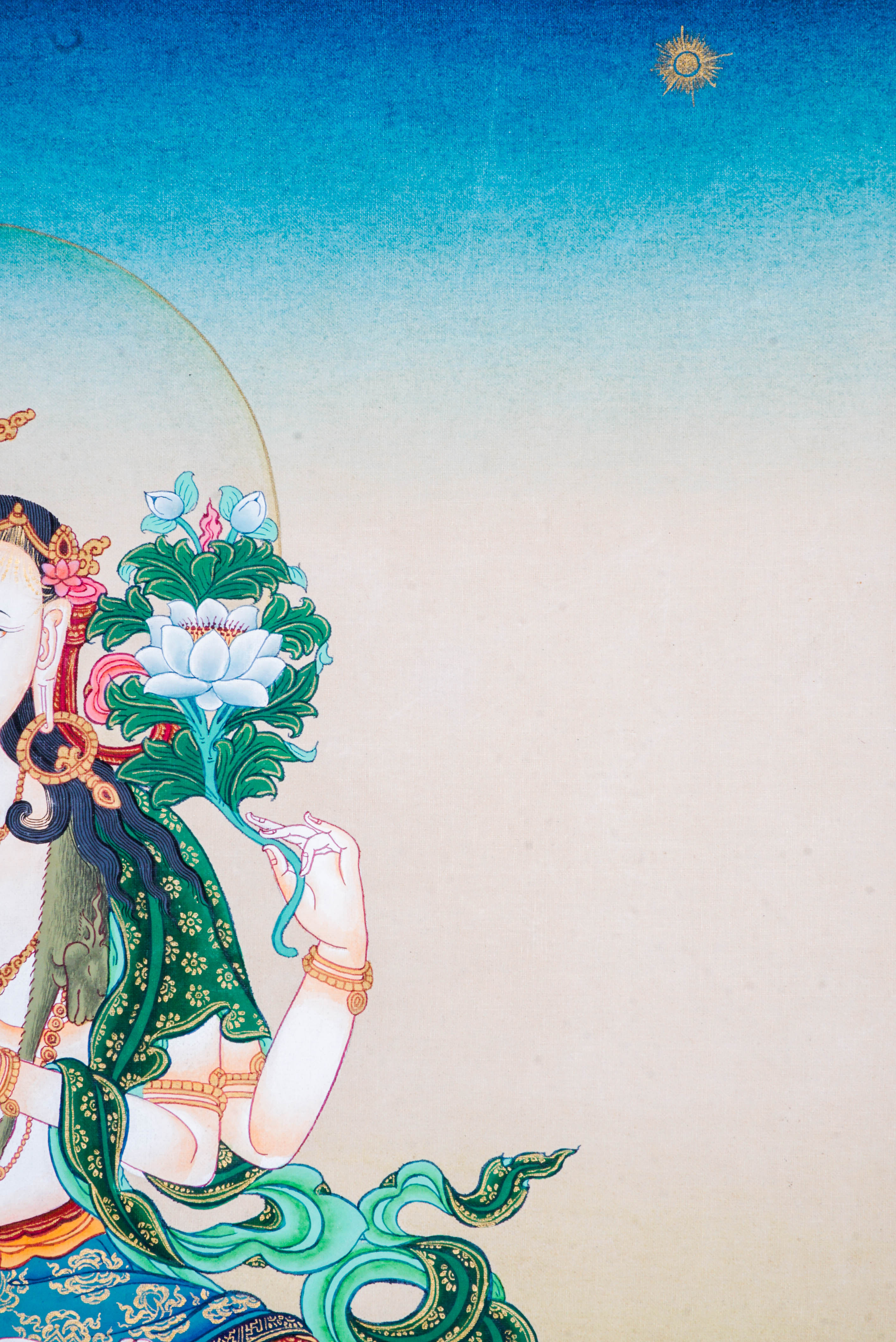 Chenrezig Thangka is a Tibetan Buddhist painting of Avalokiteshvara, symbolizing compassion and mercy. Perfect for meditation, it promotes peace, mindfulness, and spiritual healing.