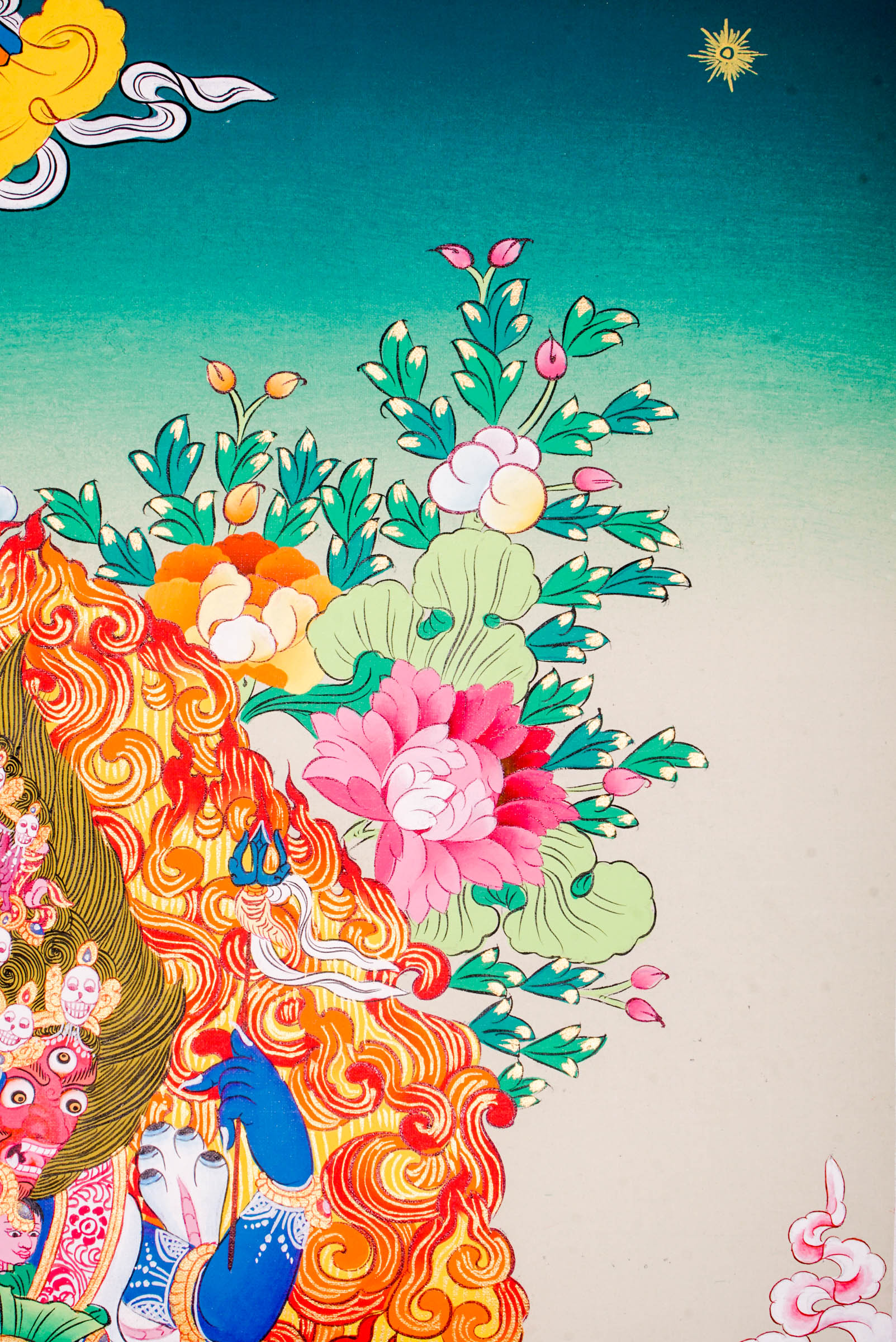 A sacred hand-painted Thangka Art using 24k gold and natural pigments of Mahakala, the fierce protector.