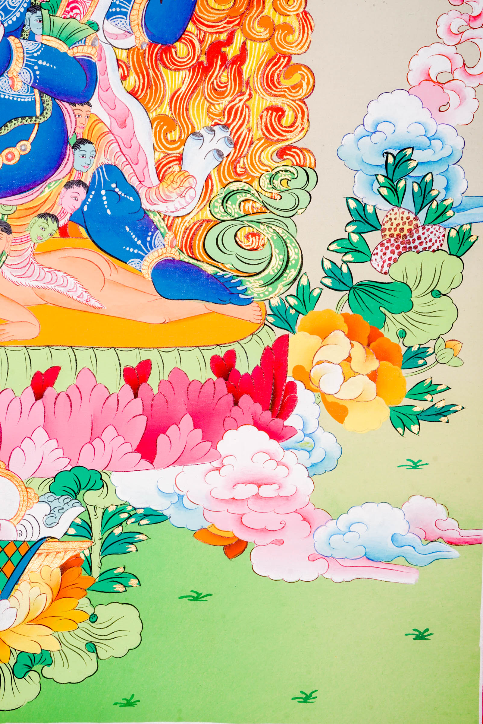 A sacred hand-painted Thangka Art using 24k gold and natural pigments of Mahakala, the fierce protector.