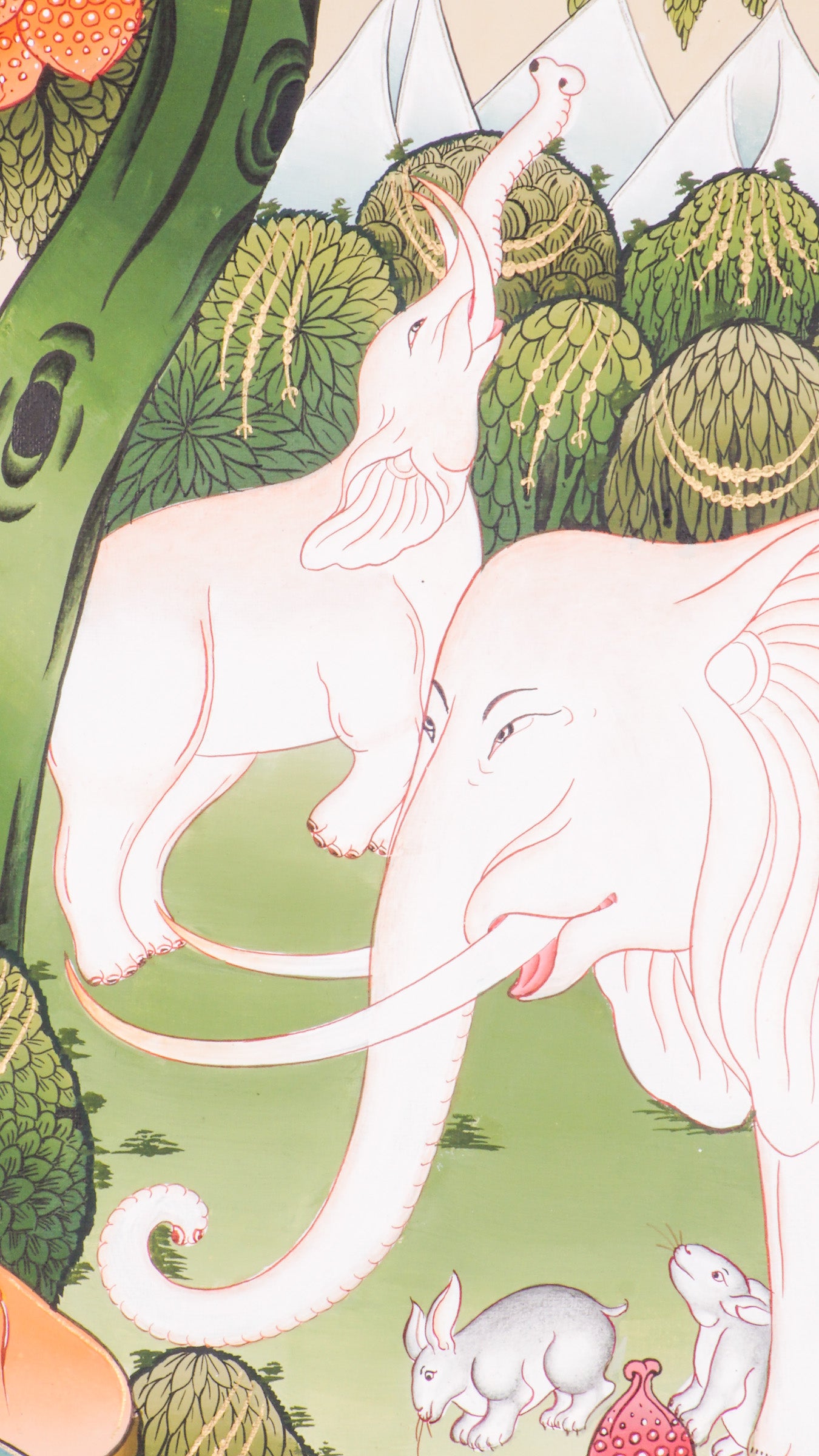 The Four Harmonious Friends Thangka is a traditional hand-painted Tibetan Buddhist art piece featuring the elephant, monkey, hare, and bird, symbolizing unity, cooperation, and spiritual decor created with natural pigments.