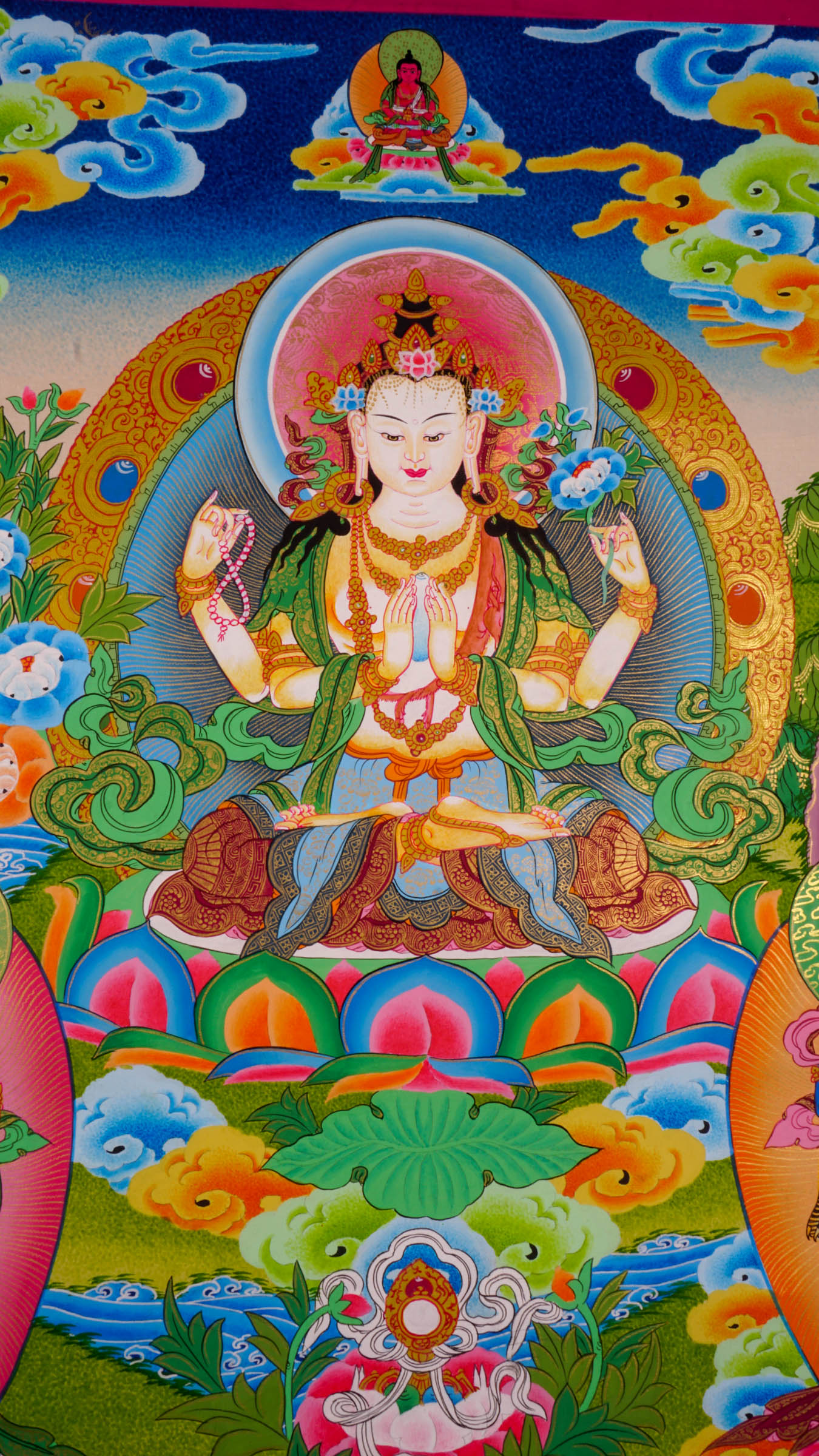Tibetan hand crafted Thangka paint of Chengresi, a spiritual art for religious practices.