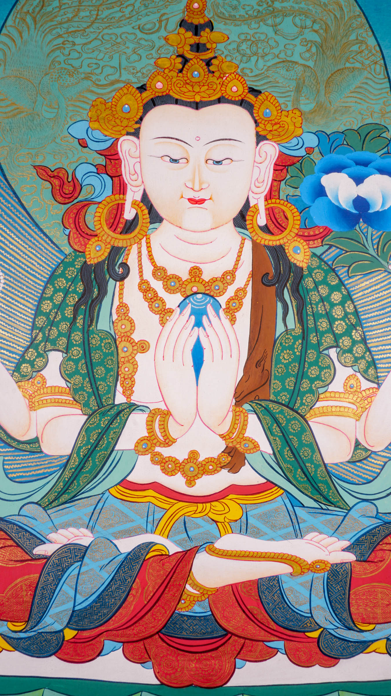 Tibetan hand crafted Thangka paint of Chengresi, a spiritual art for religious practices.