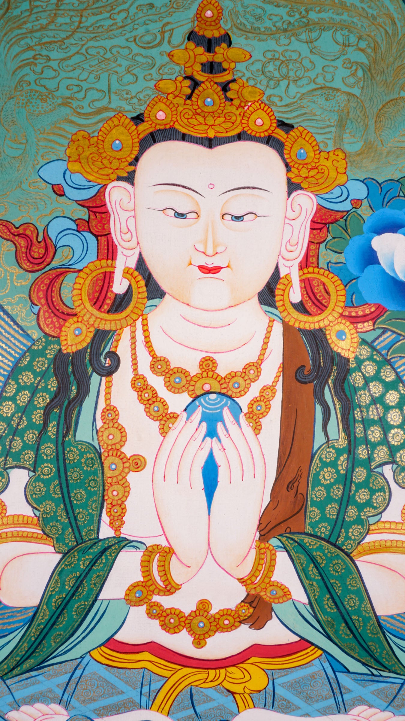Tibetan hand crafted Thangka paint of Chengresi, a spiritual art for religious practices.