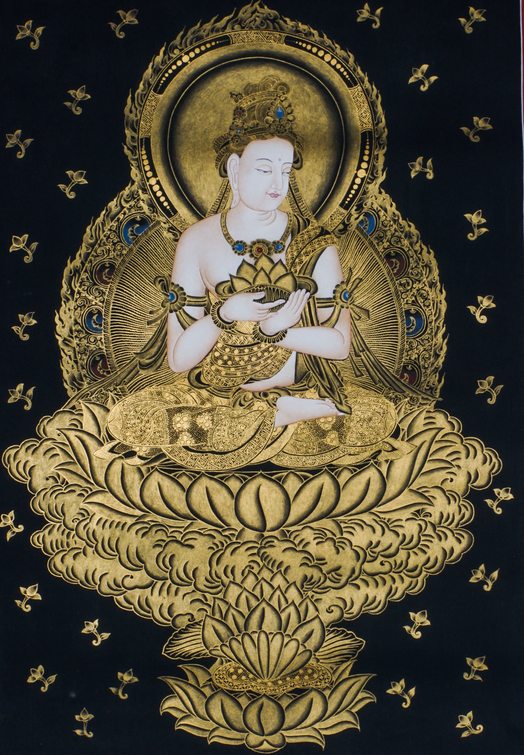 Beautiful hand-painted sacred art of Japanese Buddha Thangka representing Fugen Bosatsu which serves deep essence in Japanese buddhism.