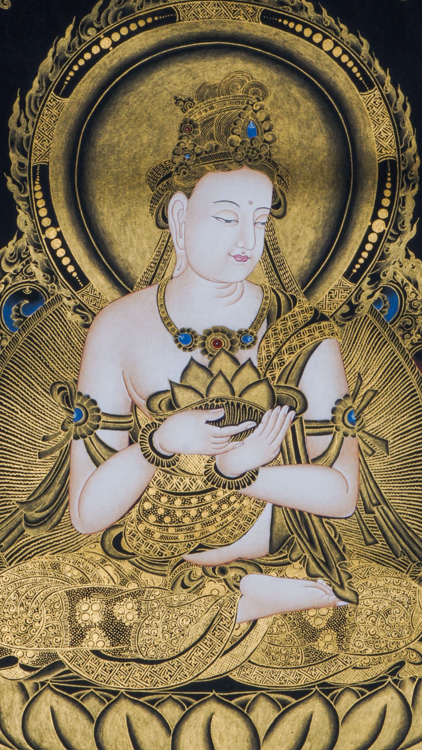 Beautiful hand-painted sacred art of Japanese Buddha Thangka representing Fugen Bosatsu which serves deep essence in Japanese buddhism.