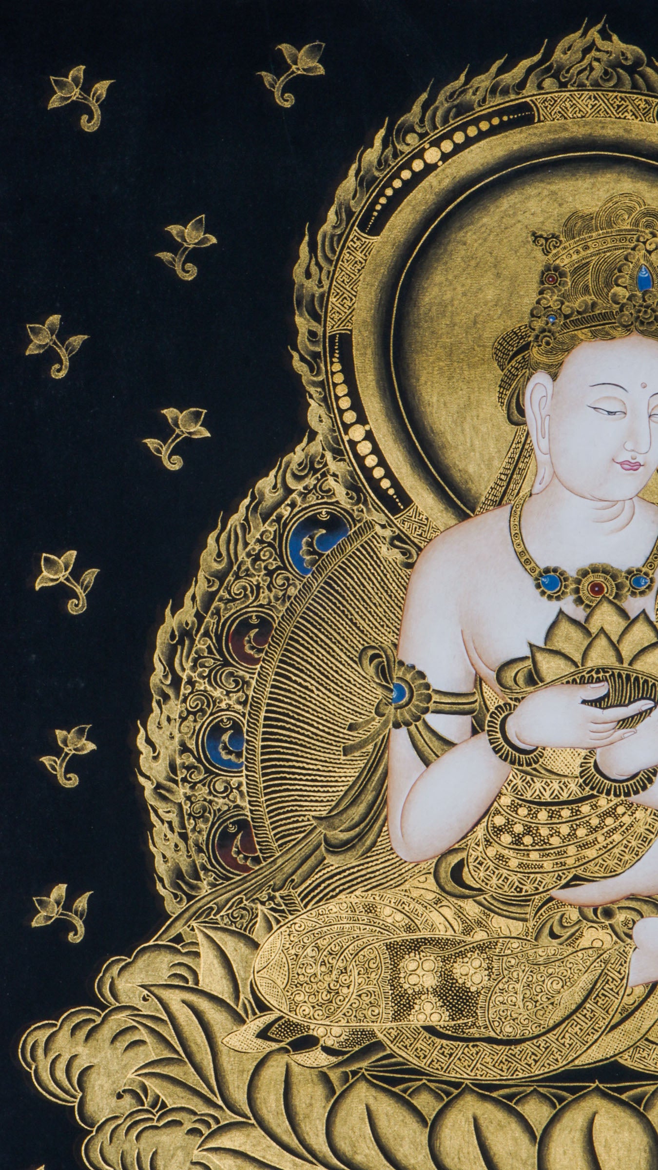 Beautiful hand-painted sacred art of Japanese Buddha Thangka representing Fugen Bosatsu which serves deep essence in Japanese buddhism.