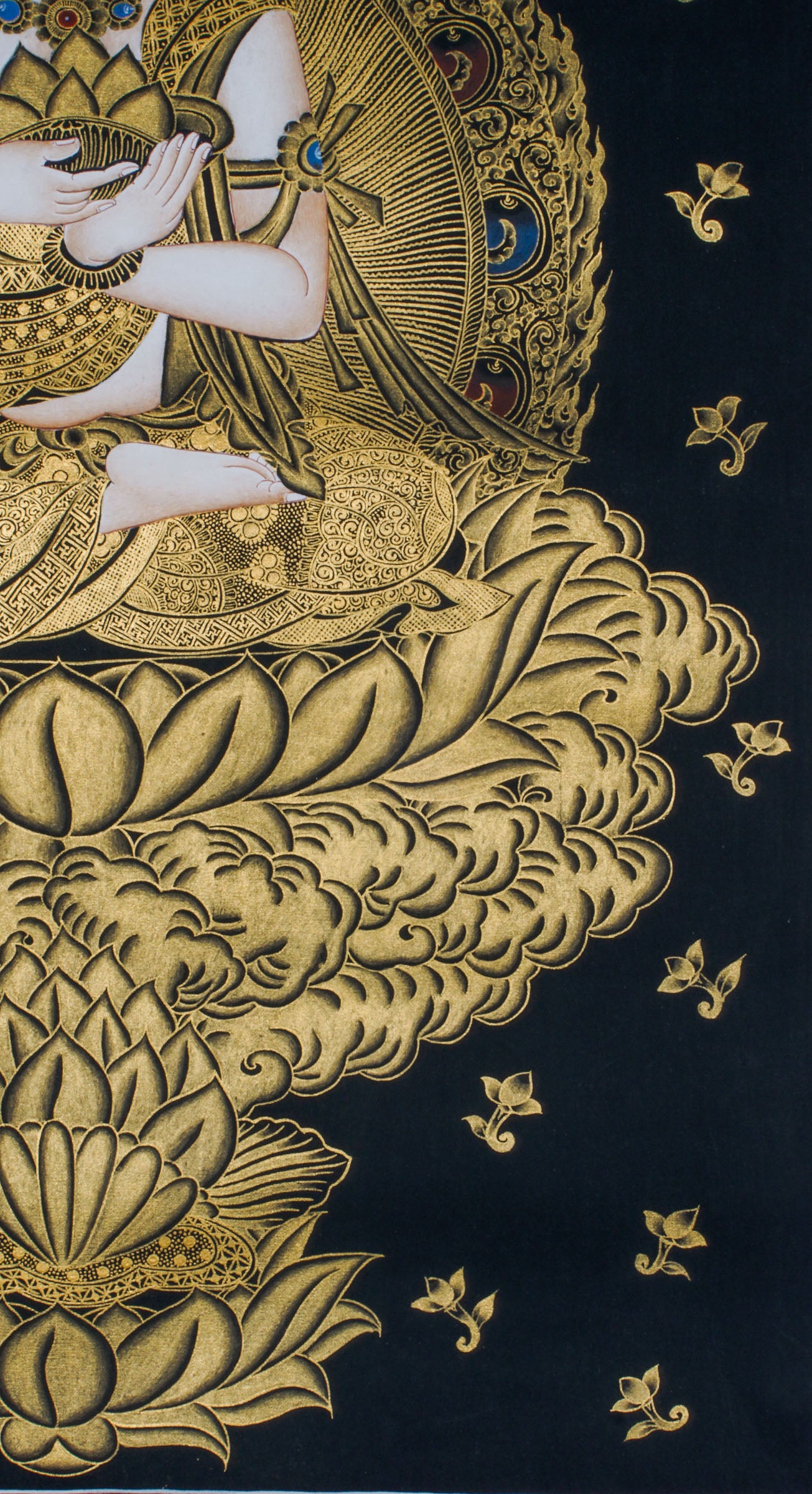 Beautiful hand-painted sacred art of Japanese Buddha Thangka representing Fugen Bosatsu which serves deep essence in Japanese Buddhism.