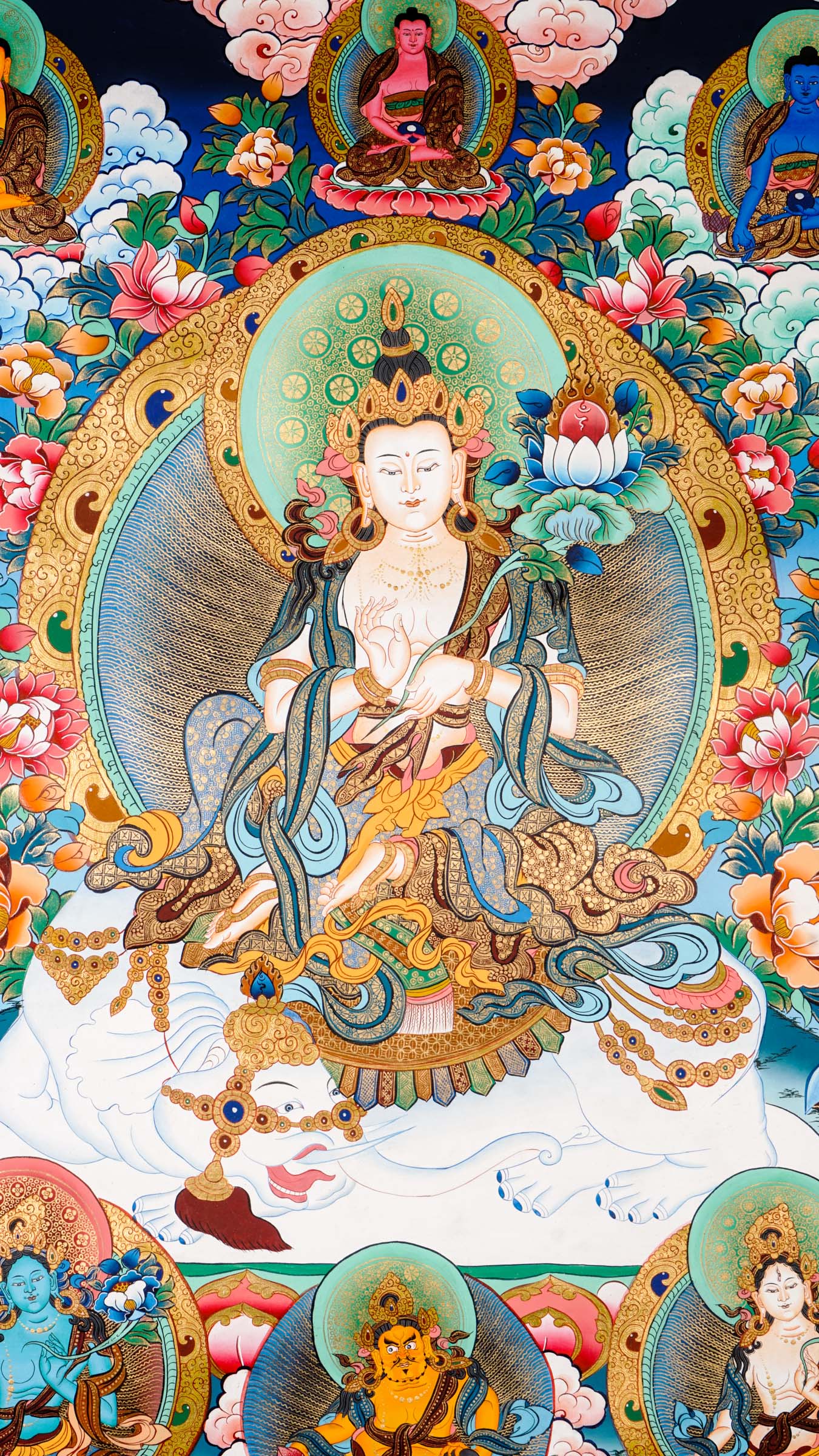 Tibetan thangka of Tara on a white elephant holding a lotus and blessing mudra, surrounded by celestial beings, clouds, and floral patterns.