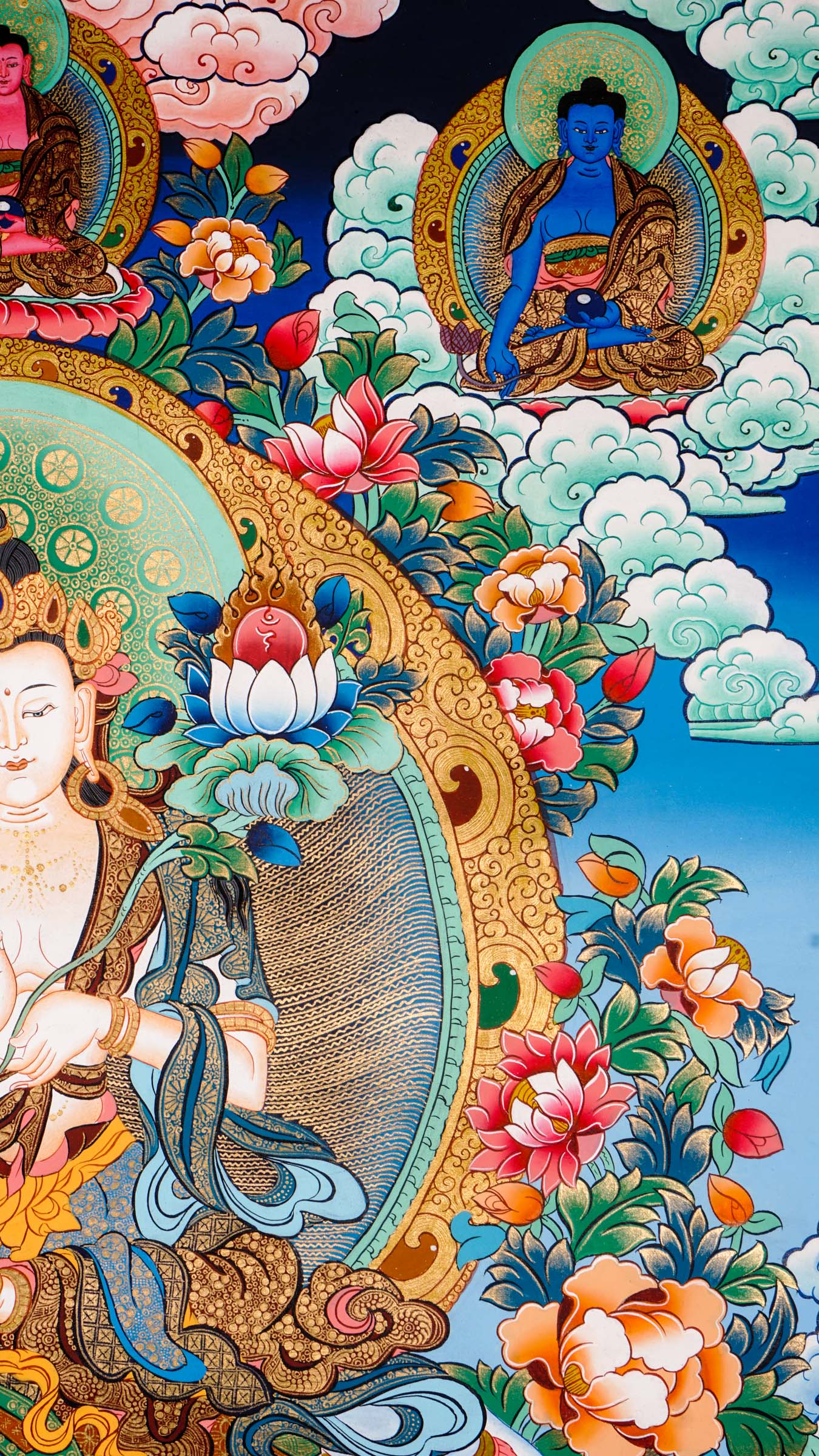 Tibetan thangka of Tara on a white elephant holding a lotus and blessing mudra, surrounded by celestial beings, clouds, and floral patterns.