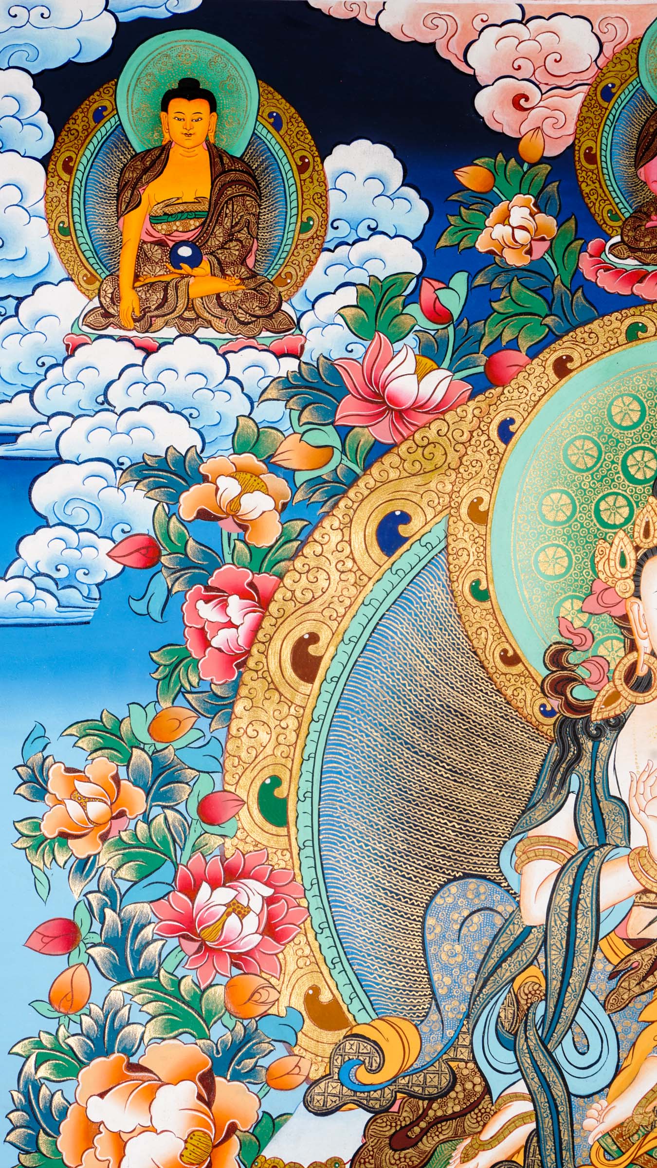 Tibetan thangka of Tara on a white elephant holding a lotus and blessing mudra, surrounded by celestial beings, clouds, and floral patterns.
