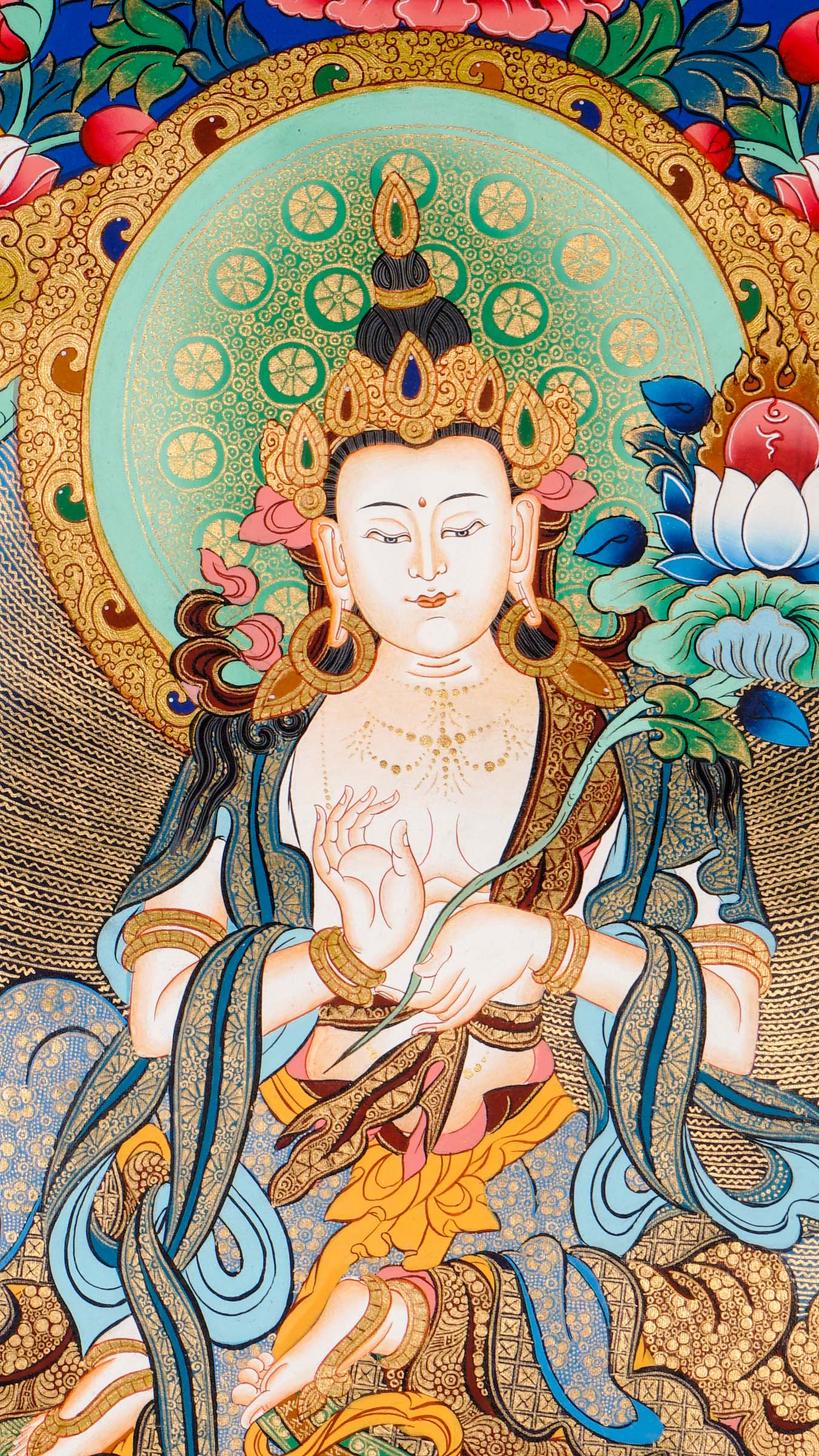 Tibetan thangka of Tara on a white elephant holding a lotus and blessing mudra, surrounded by celestial beings, clouds, and floral patterns.